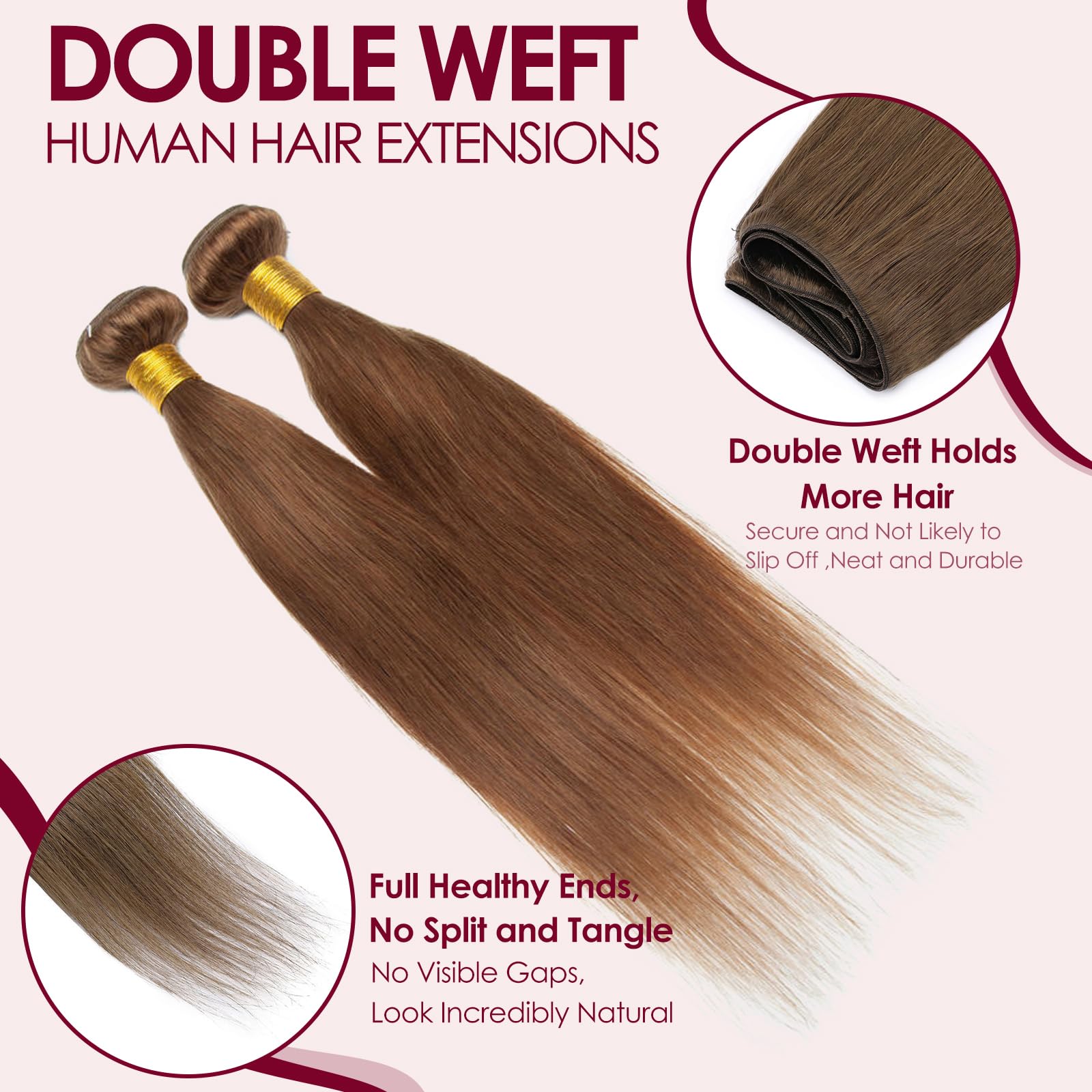 Benehair Weft Hair Extensions Real Human Hair 100g Full Head Invisible Straight Double Weft Weave Extensions for Women Silky #6 Light Brown 16 Inch - Image 3