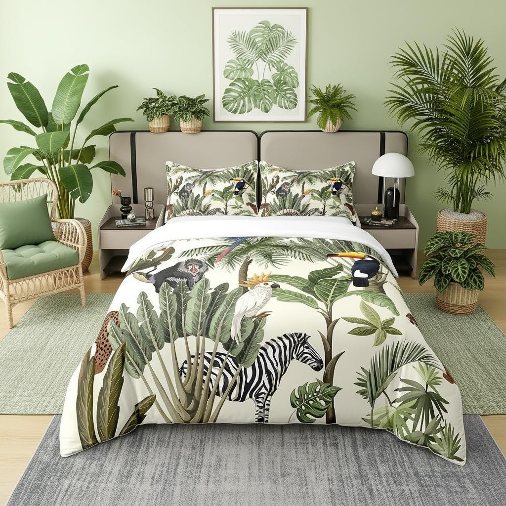 Castle Fairy Wild Birds 100% Natural Cotton Duvet Cover Set Full Size Watercolor Palm Trees Tropical Plants Bedding Set 3 PCS Cute Toucan Monkey