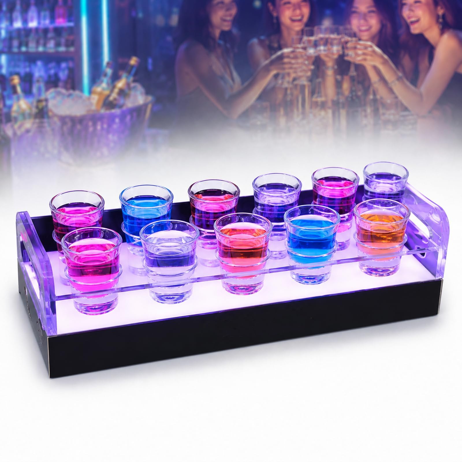 Bandeja De Servicio con Luz Led, Organizador De Bebidas para Bar De Vinos, con Vasos, Recargable, Ambiente Colorido, para Servicio De Botellas, Presentación De Múltiples Chupitos para Mesas