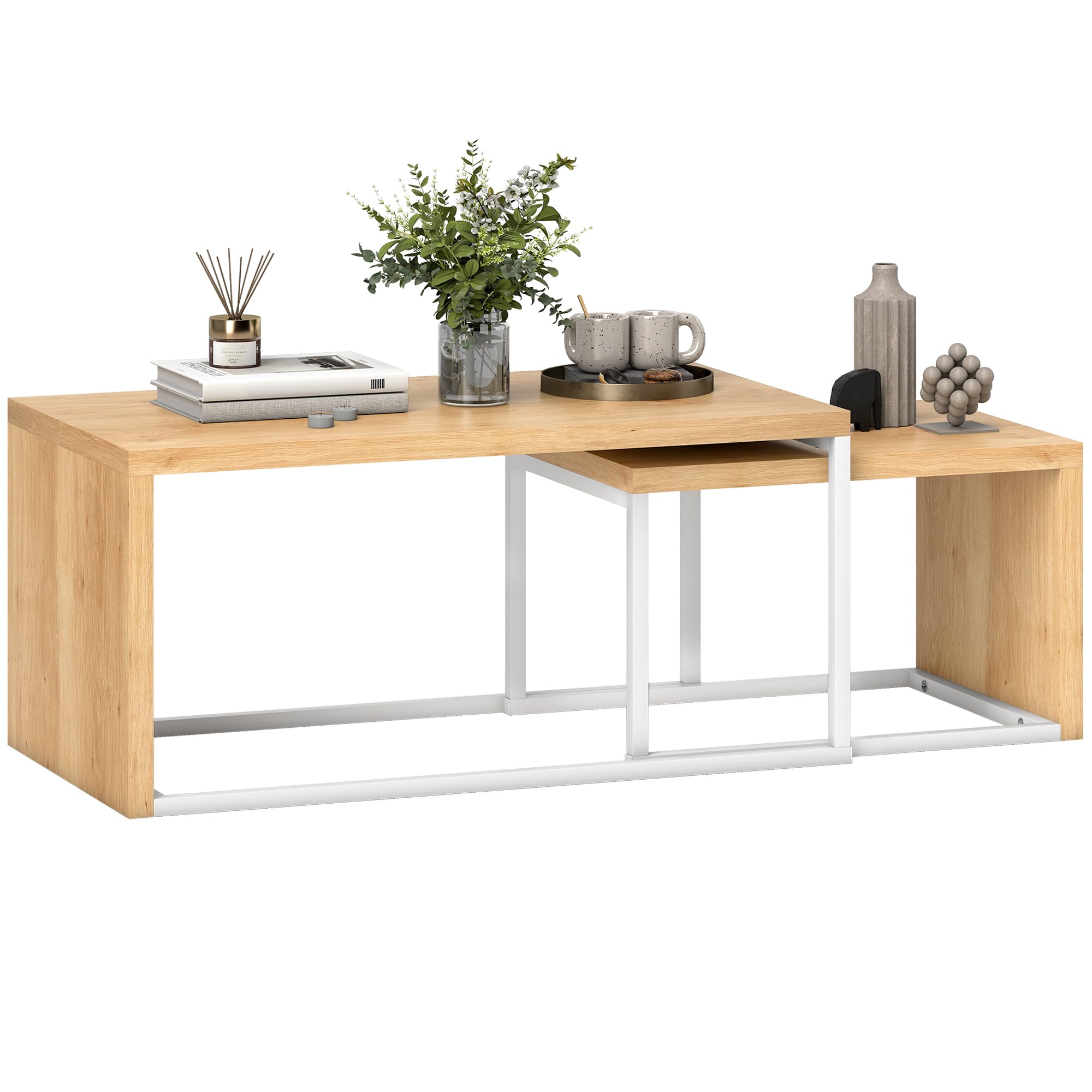 HOMCOM Juego de 2 Mesas de Centro, Mesa Nido Moderna, Mesitas Auxiliares, Marco de Metal, para Salón, Dormitorio, Grande 90x48x42 cm y Pequeña 59x42x36 cm, Natural y Blanco