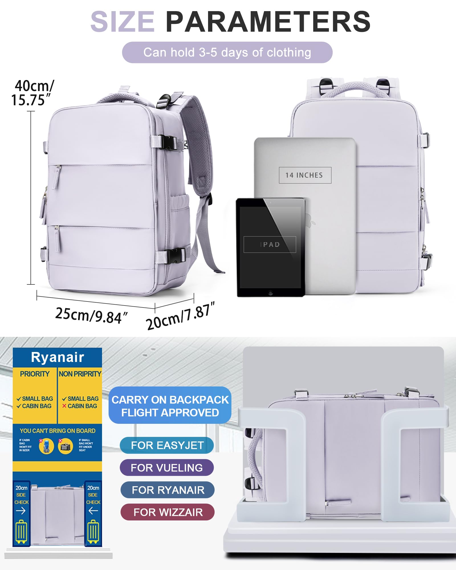 BJLFS Borse da Cabina per Ryanair 40x20x25 Bagaglio a Mano Zaino Borsa Zaino da Viaggio, Zaino da trekking,Zaino Easyjet 45x36x20,Zaino Casual per laptop da 14 pollici per scuola