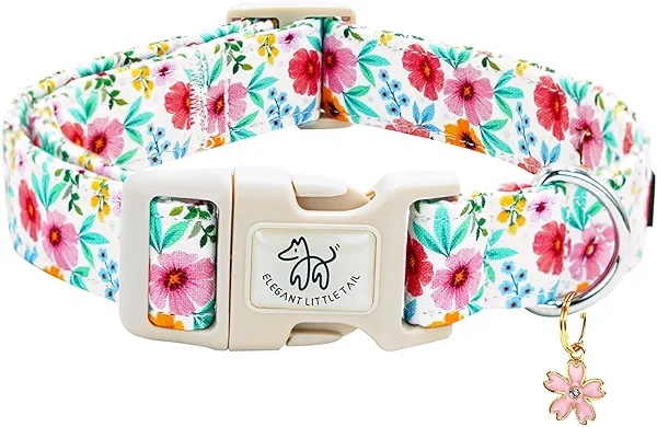 Elegant little tail Dog Collar, Pink Floral Print Pink Puppy Male Adjustable Cotton Pet Collar with Quick Release Buckle for Small Medium Large Dogs