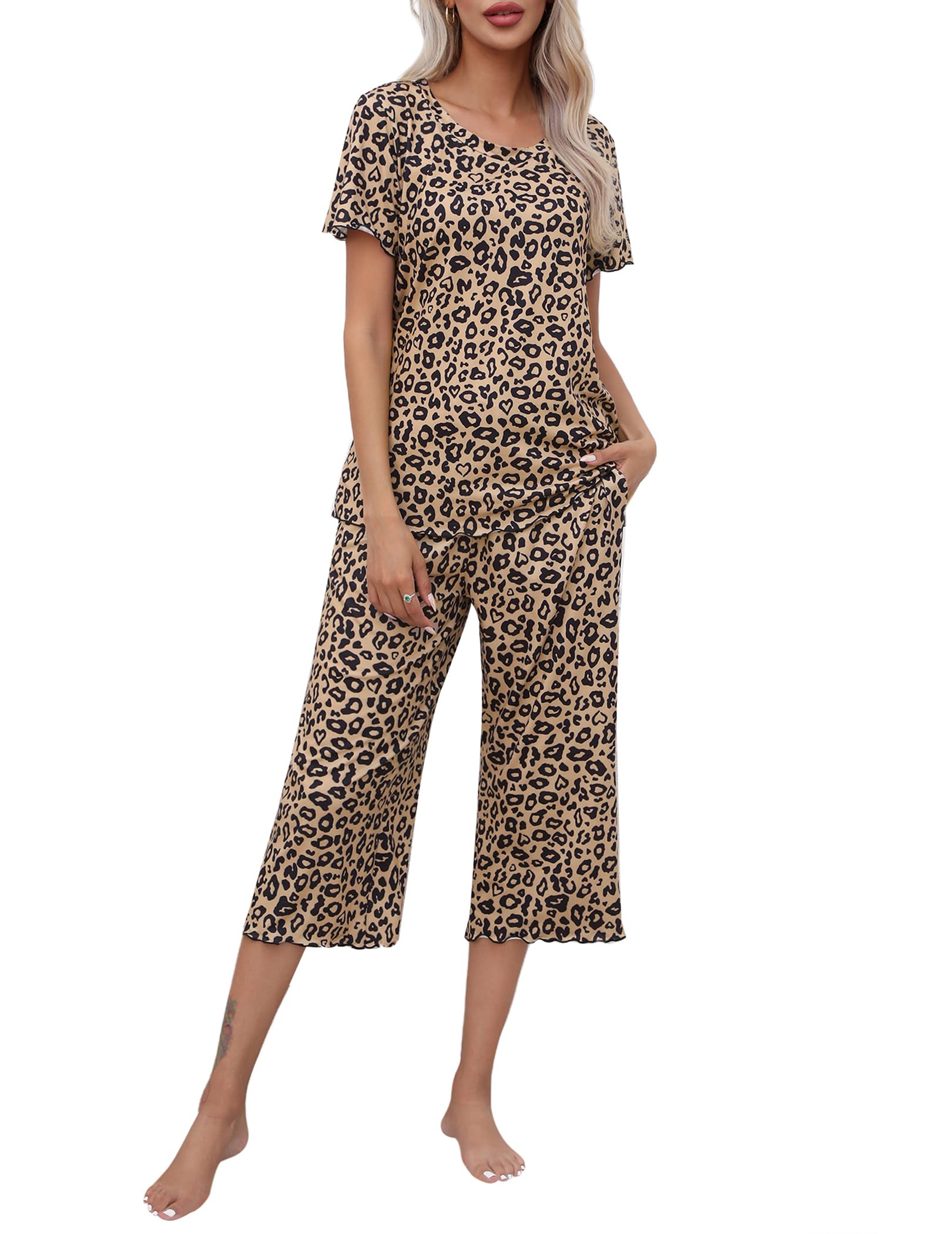 EkouaerCapri Pajamas for Women Soft Pjs Set Short Sleeve Tee Top Loungewear Soft 2 Piece Sleepwear