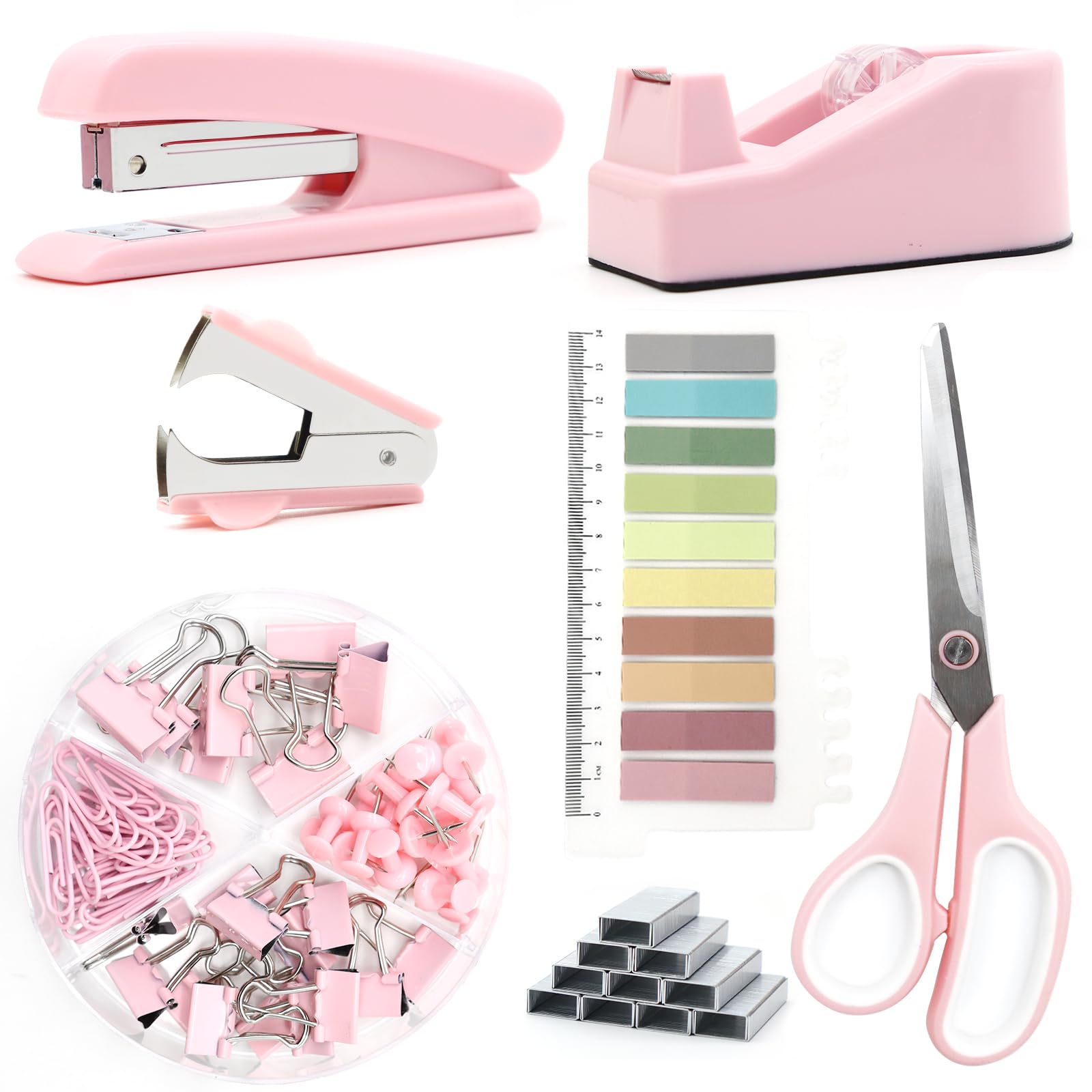 Pink Office Supplies,Pink Desk Accessories, Stapler and Tape Dispenser Set for Women with Stapler, Tape Dispenser, Staple Remover, Staples, Clips, Scissor and Tabs,Gift for Students, Coworkers