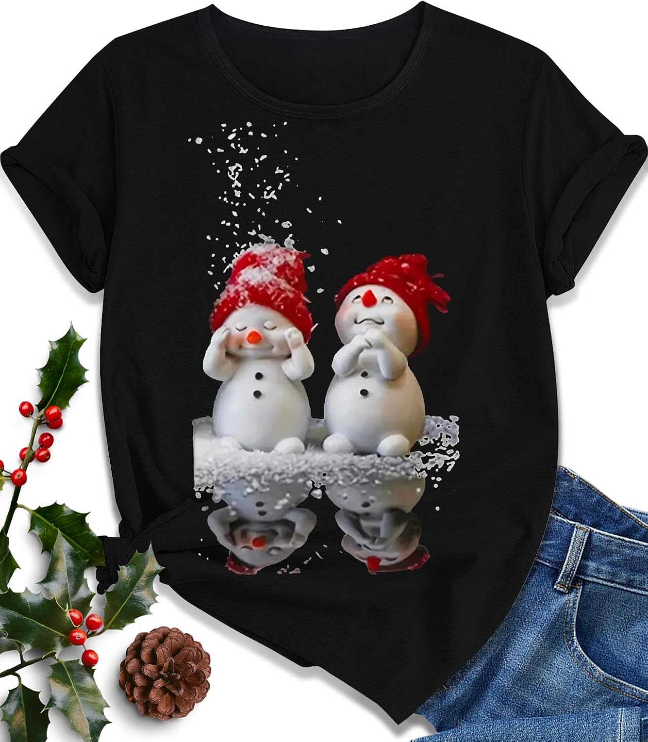 EUOW Christmas Shirts for Women Family Santa Graphic T Shirts Short Sleeve Funny Xmas Holiday Print Tee Tops