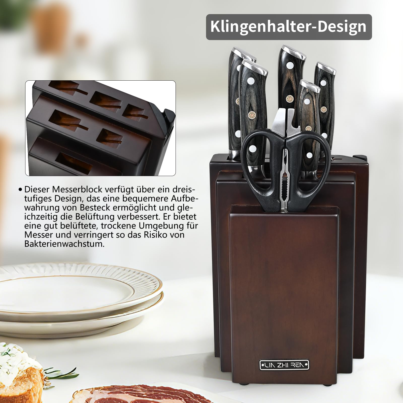 Messerblock Set 8 Teilig mit Messerschärfer, Edelstahl Küchenmesser Set mit Holz Messerblock, Kochmesser 20 cm, Brotmesser, Santokumesser, Universalmesser, Schälmesser, Küchenschere