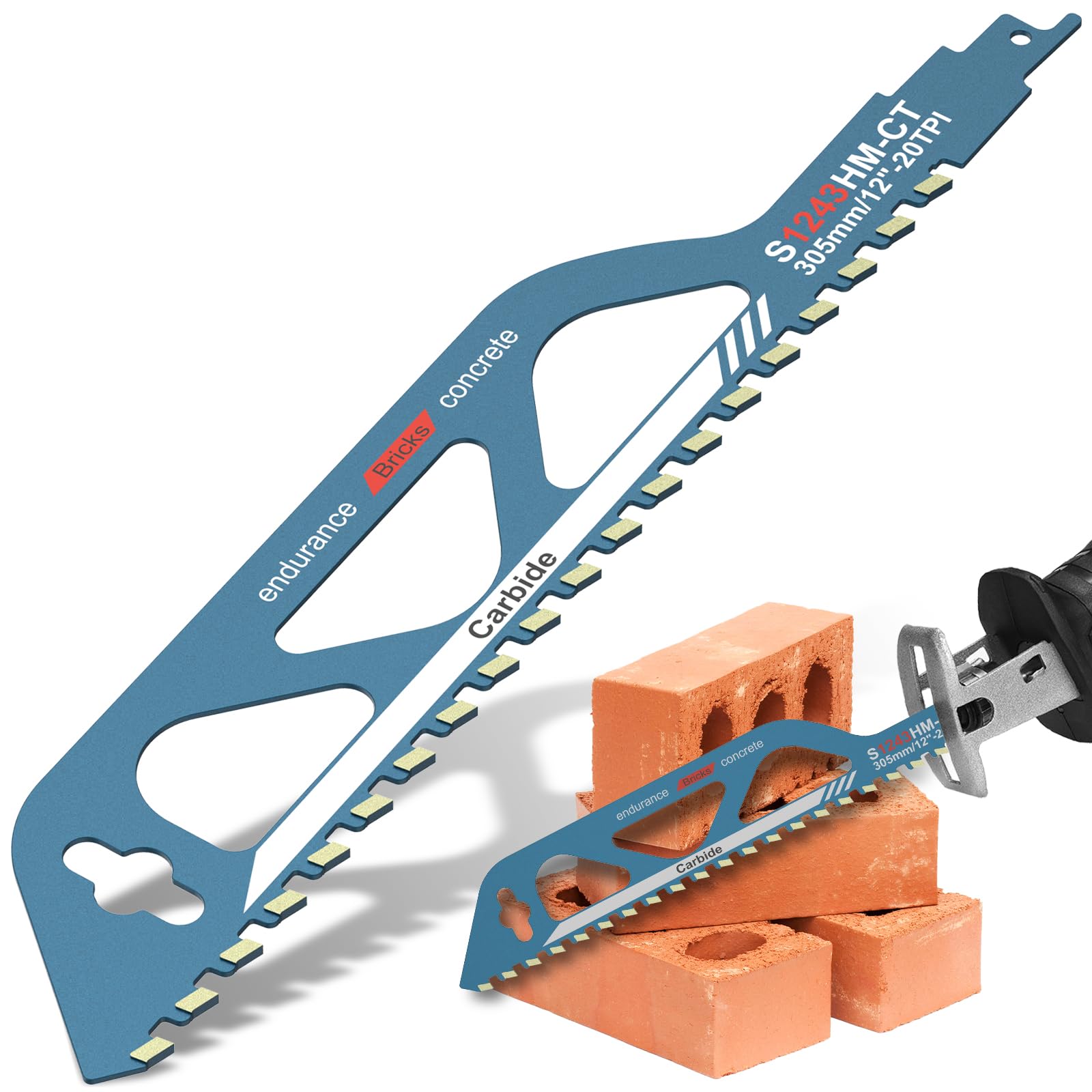RHAIQBVC Universal Carbide Reciprocating Saw Blade, Concrete Sabre Saw Blade, Alloy Steel & Tungsten Carbide Teeth, Masonry Cutting Blade for Brick, Concrete, Cement Composite Panels (12in)