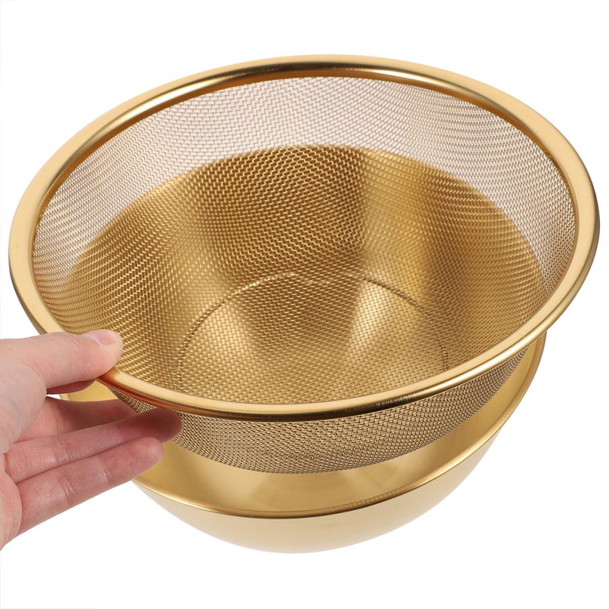 Hohopeti Escurridor de Arroz y Colador de Acero Inoxidable 24 CM Cesta de Malla Fina Dorada 2 Piezas para Lavar Verduras y Frutas Cedazo Multifuncional Base Antideslizante para Cocina