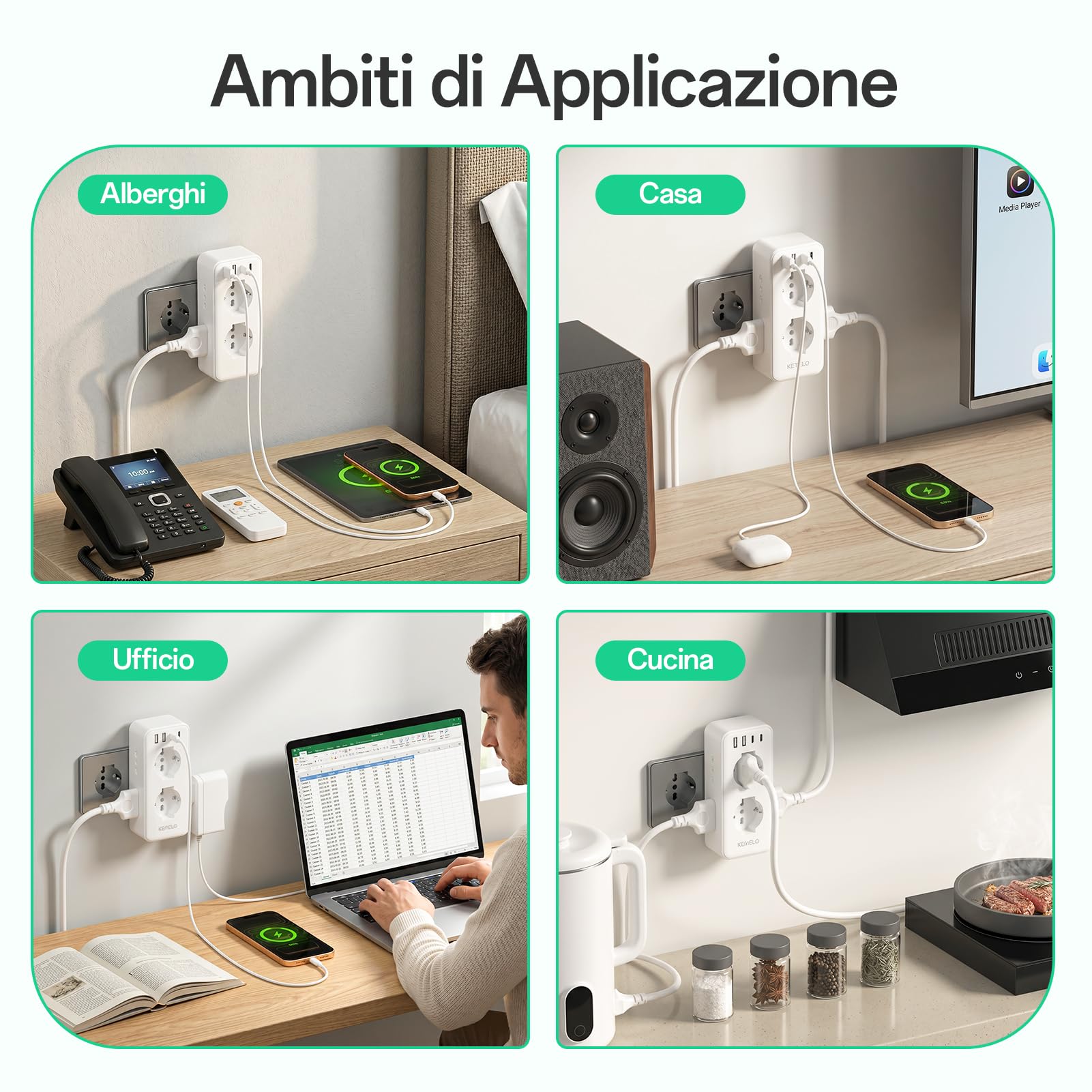 Multiprise murale avec 6 prises universelles 10/16 A ITA et Schuko, multiprise murale avec 2 USB A+2 USB C, prise électrique plate peu encombrante avec interrupteurs pour bureau, maison