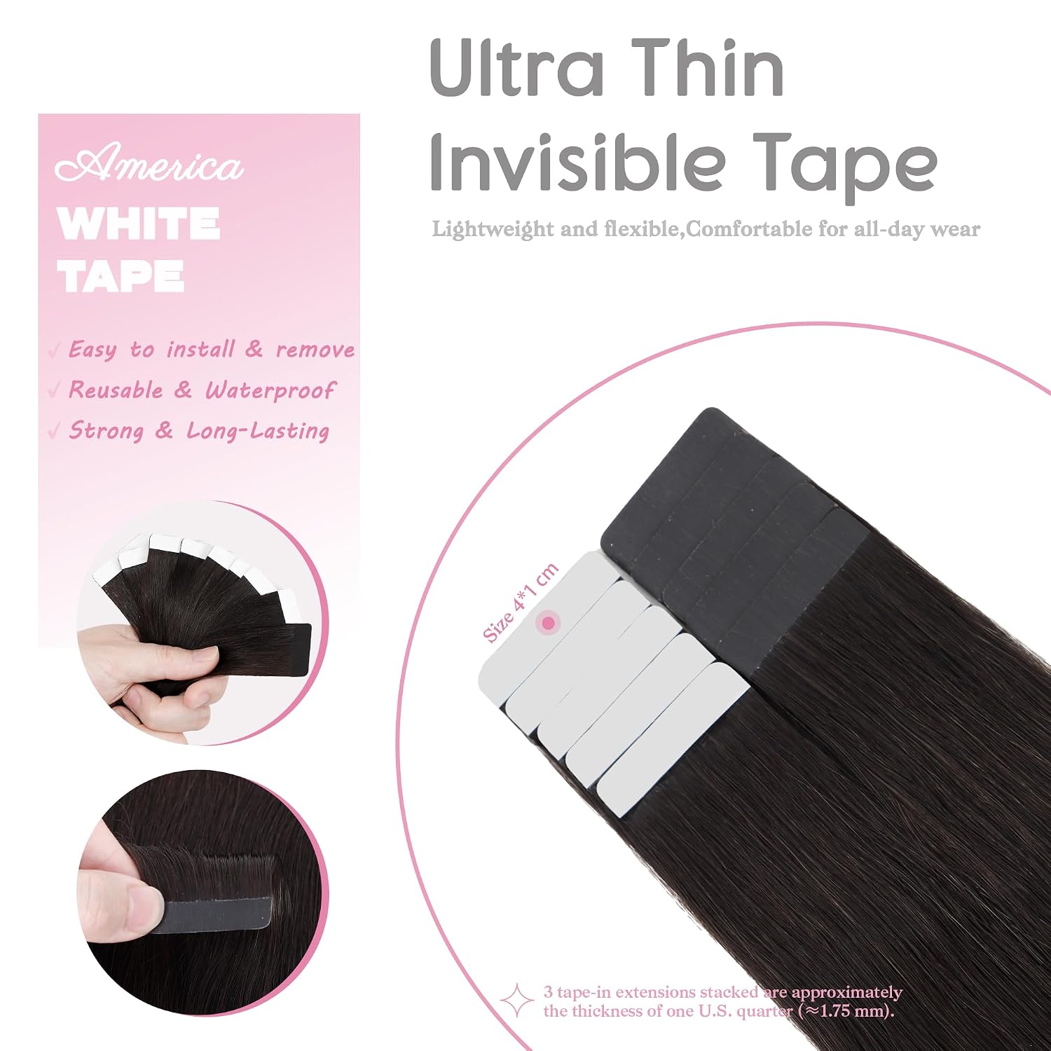 Condition photo showing New/Like New for tape in hair extensions human hair, 2 darkest brown, 24 inch 20pcs 50g, invisible seamless tape for hair extensions, tape ins glue in remy human hair for women #2 darkest brown 24 inch