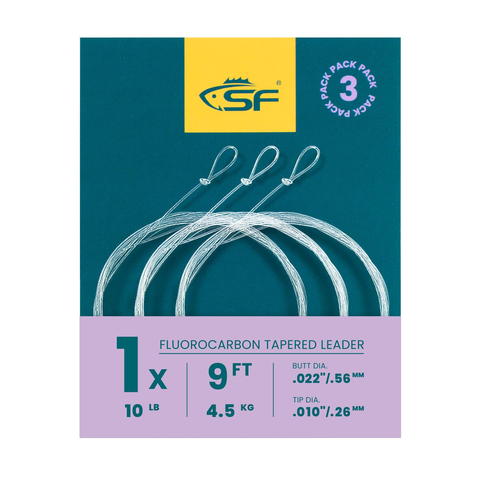 SF 3 Packs Pre-Tied Loop Fly Fishing Tapered Leader Fluorocarbon 9FT-1X
