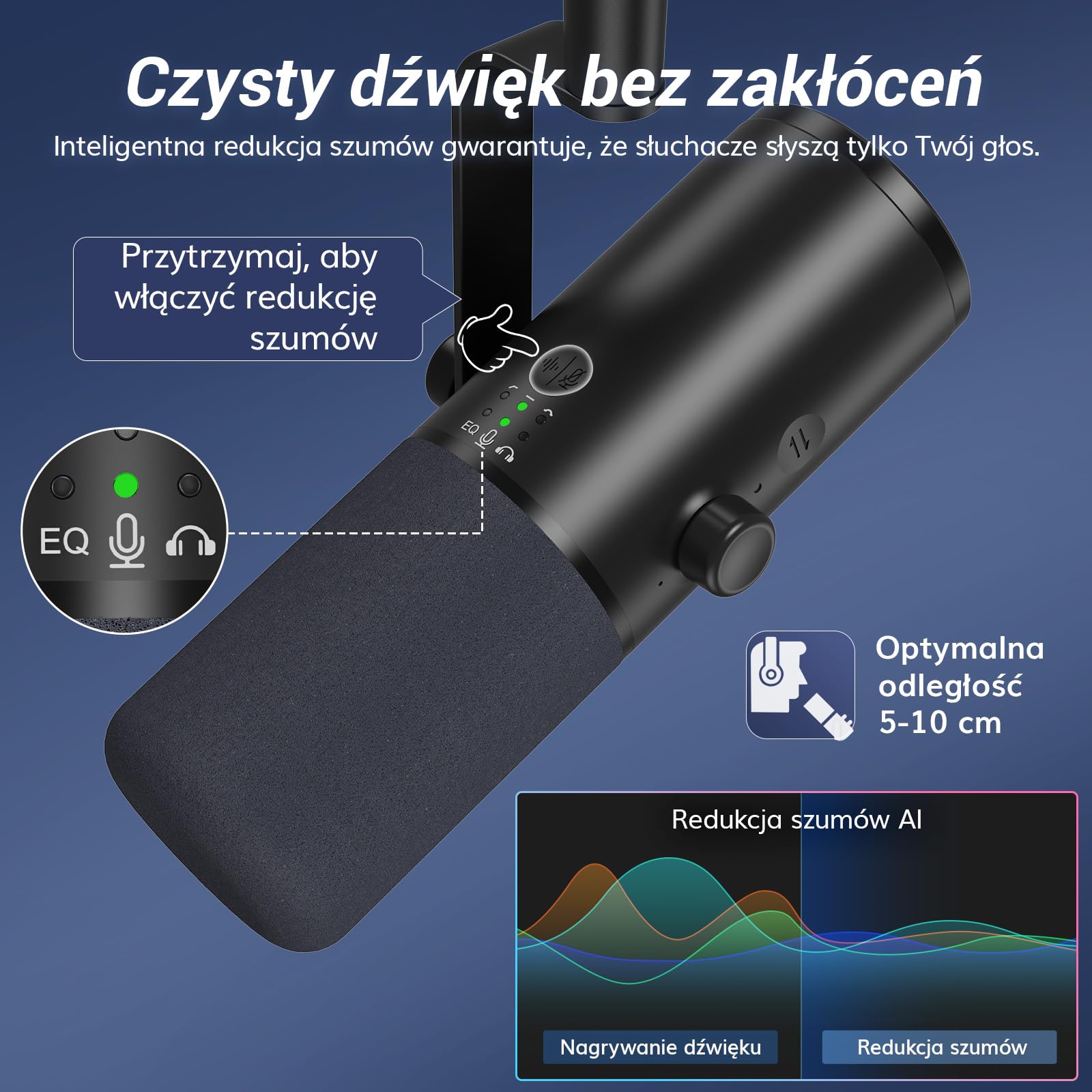 TONOR Dynamiczny mikrofon podcastowy do studia, mikrofon kardioidalny XLR/USB, redukcja szumów AI, wyciszanie, gniazdo słuchawkowe 3,5 mm do monitorowania, regulacja głośności, mikrofon z podstawką