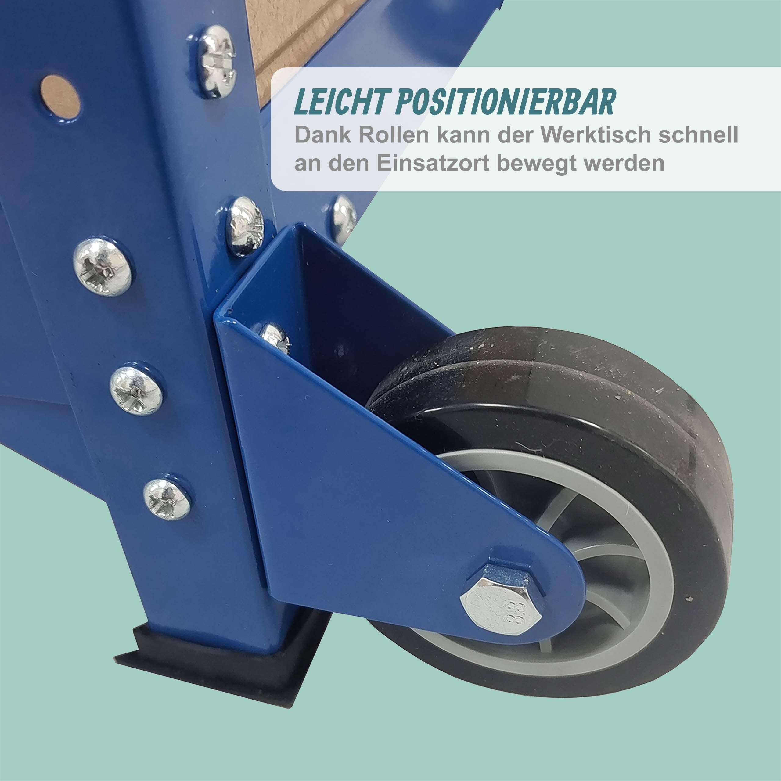Relaxdays Werkbank, mit Rollen, HBT: 69,5x72,5x50 cm, höhenverstellbar, Werktisch mit Lochwand, Stahl & MDF, blau