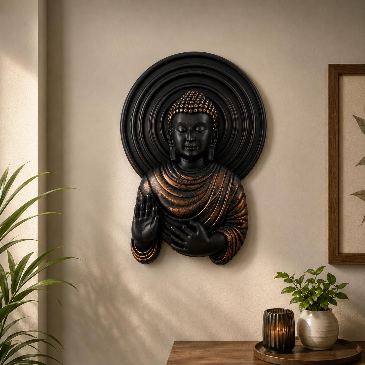 Pubcom Decor Premium Blessing Buddha Wall Decor for Home & Office | Round Buddha Face Antique Wall Hanging | Decorative Wall Mount Buddha Idol Figurine for Living Room, Bedroom & Meditation Décor (Black & Copper)-image-22