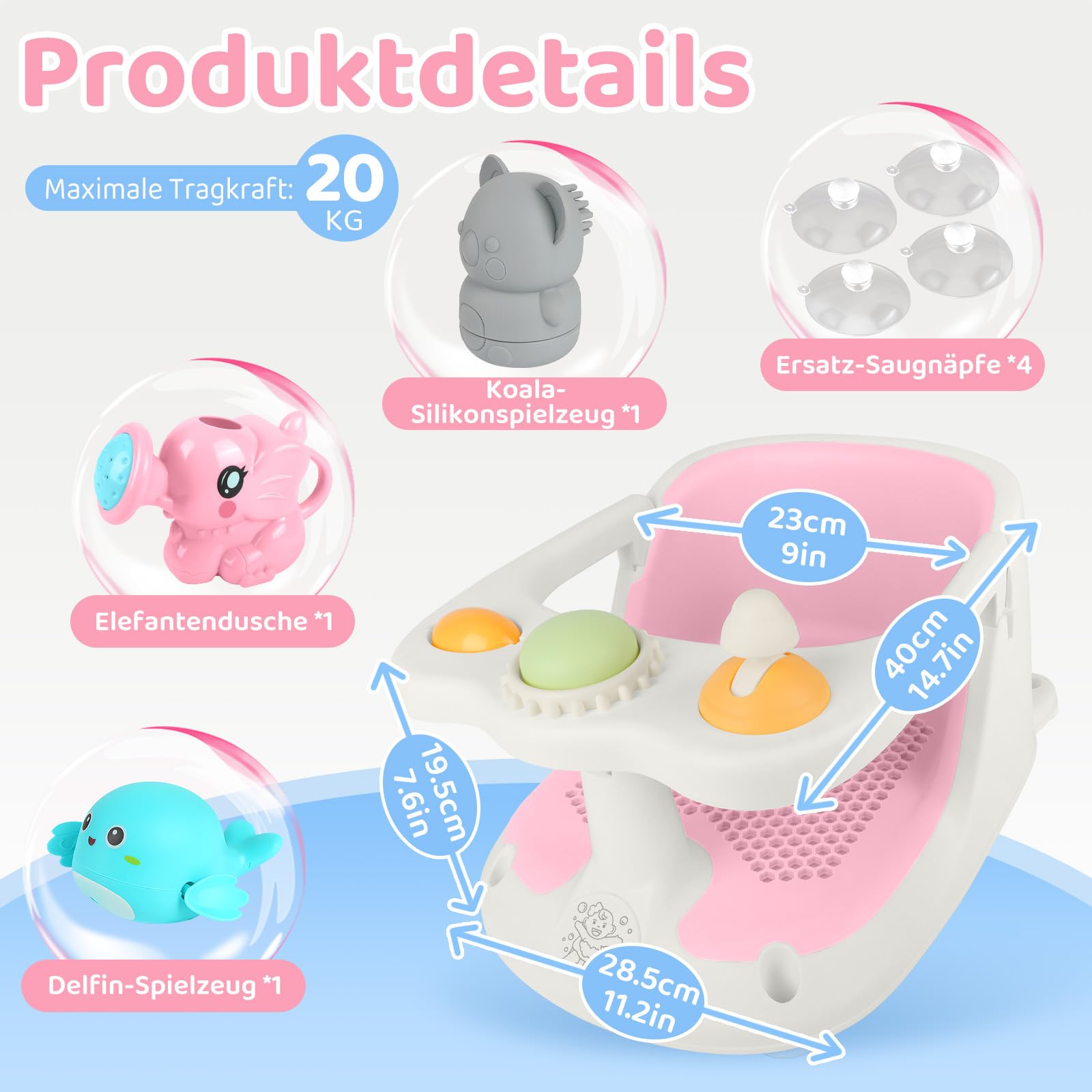 Aragallant Baby Badesitz ab 6 Monate, Badewannensitz mit 4-starken Saugnäpfen, Rutschfester Badesitz Baby mit Spielzeug, Sicherer Badstuhl für Kleinkinder (Rosa)