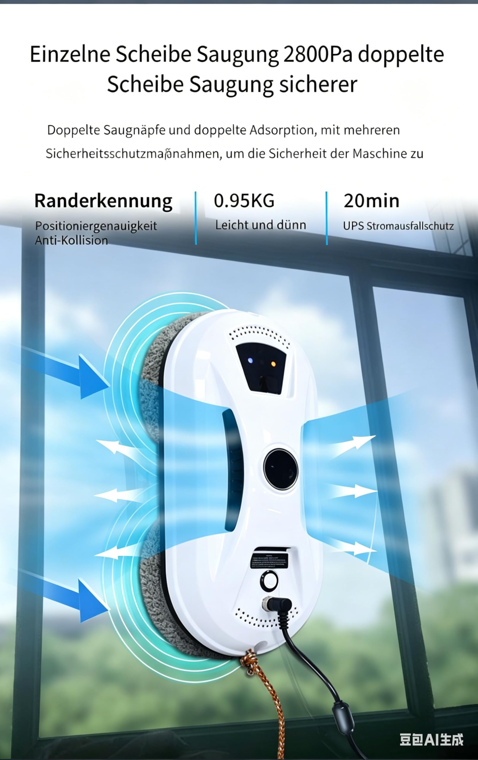 Osmo™ RoboClean Fensterputzroboter – Automatischer Fensterreiniger mit Fernbedienung, Sicherungsseil & 3 Reinigungsmodi – für glatte Fenster, Spiegel & Fliesen ( Kabelgebunden-ohne Sprühfunkti)