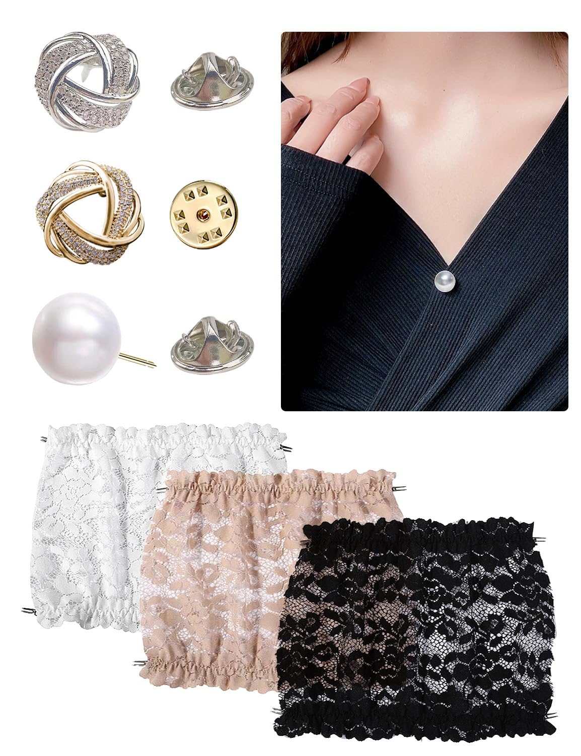 FizzestLace Cleavage Cover Up for Low Neckline，Modesty Panel for Women，Clip On Mock Camisole Snap to Bra Insert