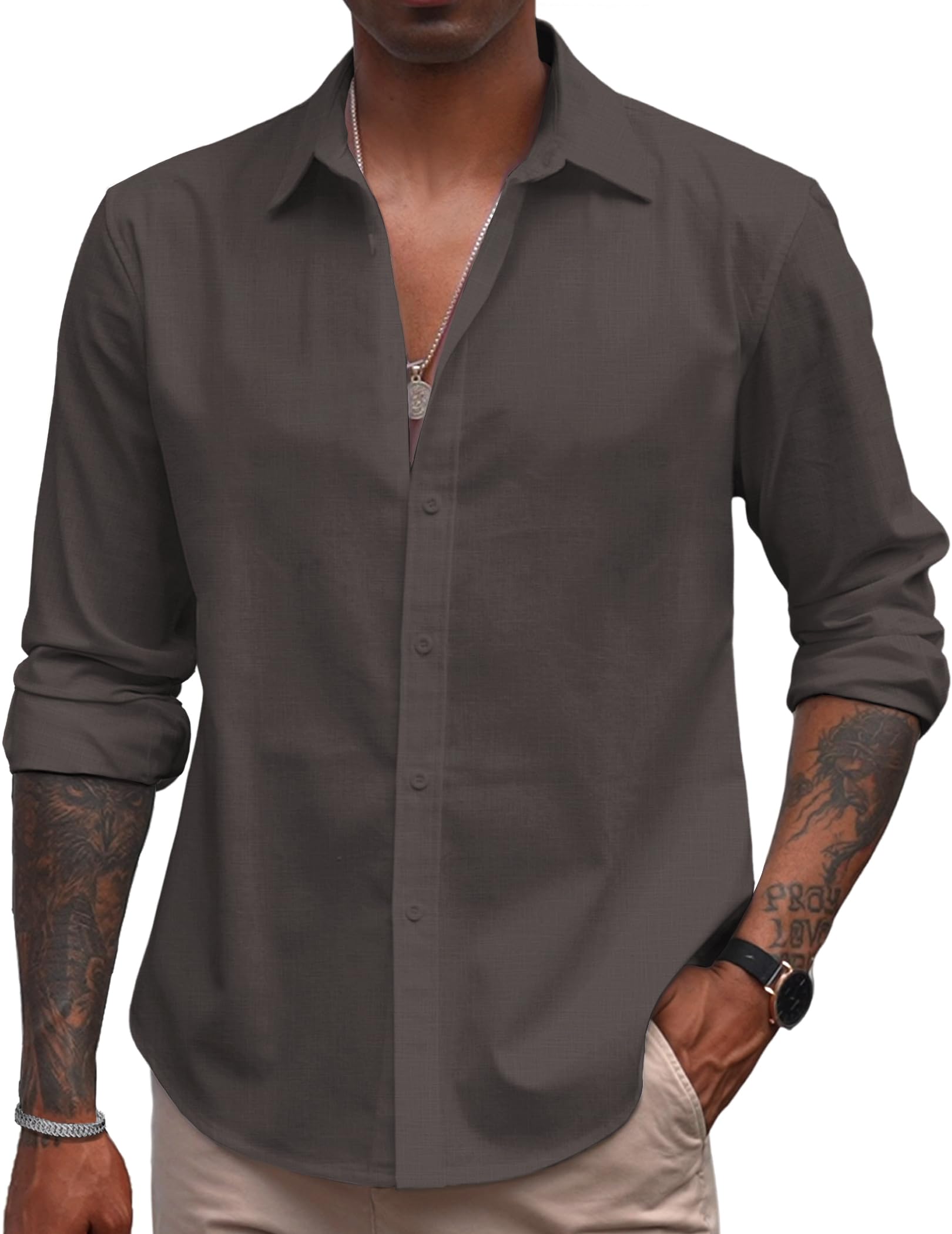 COOFANDYMen's Linen Casual Long Sleeve Shirts Button Down Summer Beach Shirt