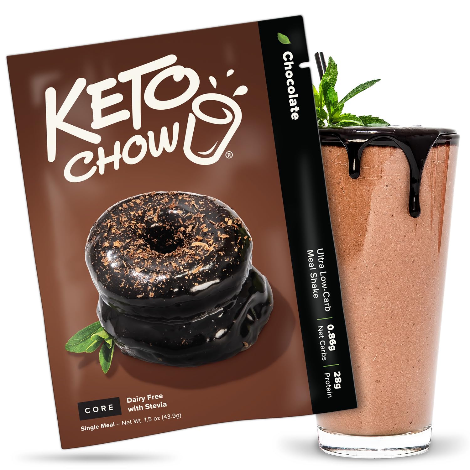 Keto Chow Chocolate Core (w/Stevia) - Keto Meal Replacement Shake Powder - Nutritionally Complete - Low Carb - Delicious Easy Meal Substitute - Protein Rich & Dairy Free - Single Meal Serving