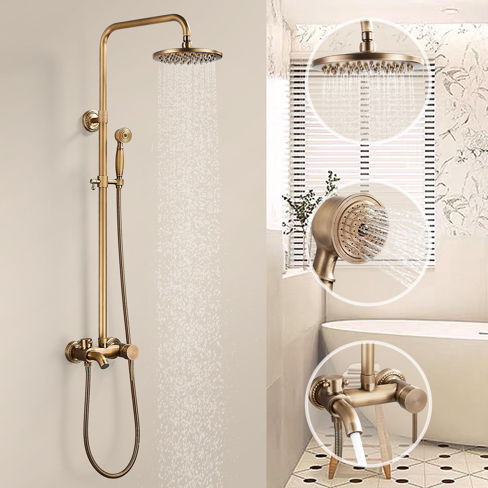 Set Doccia Retrò In Ottone Anticato - Con Soffione A Pioggia 8" E Doccetta Regolabile - Foto 8