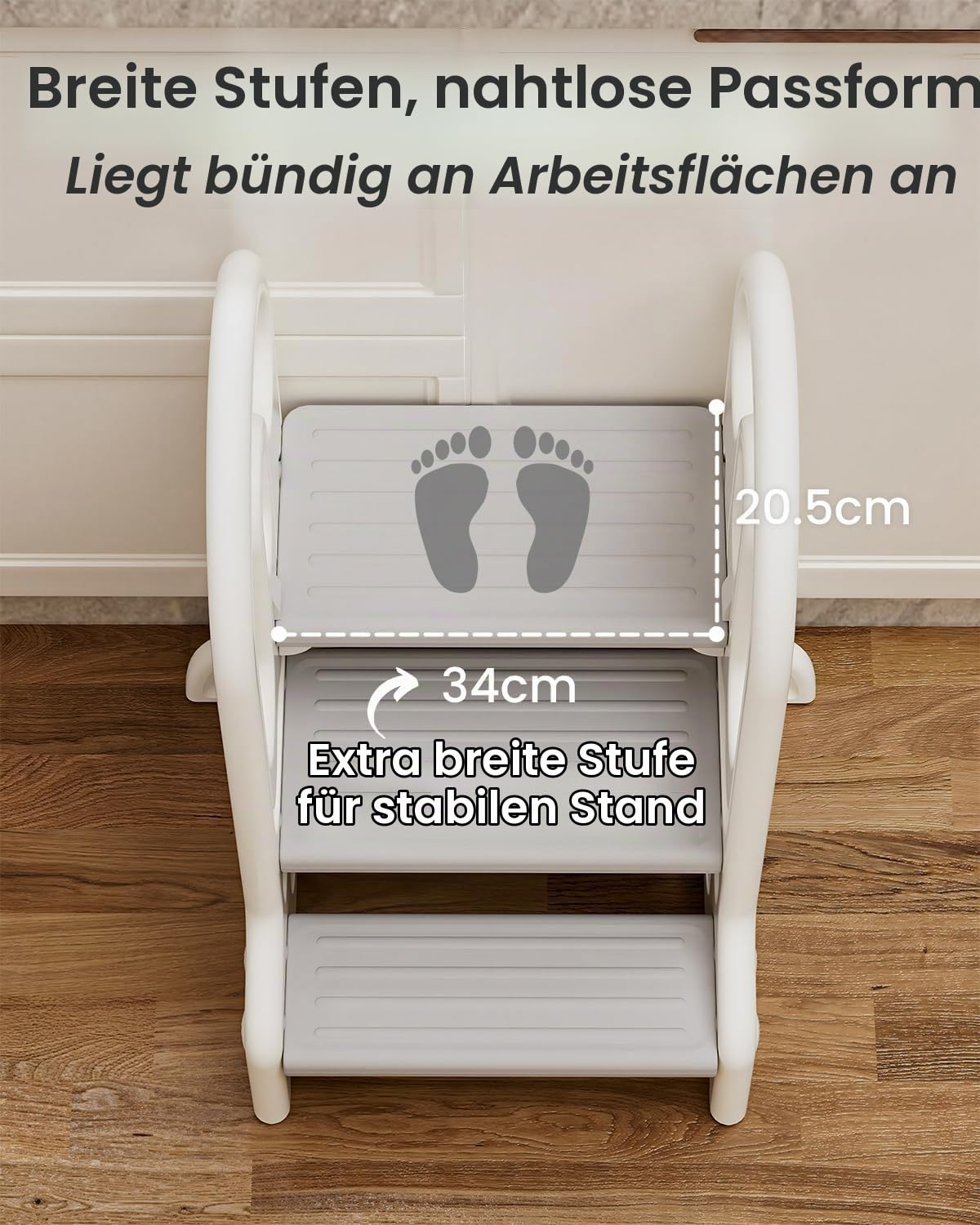 Kinder Tritthocker mit Sicherheitsgriffen, 2 oder 3-stufig höhenverstellbar, Rutschfester Schemel für Bad, Küche & Töpfchentraining (Grau)