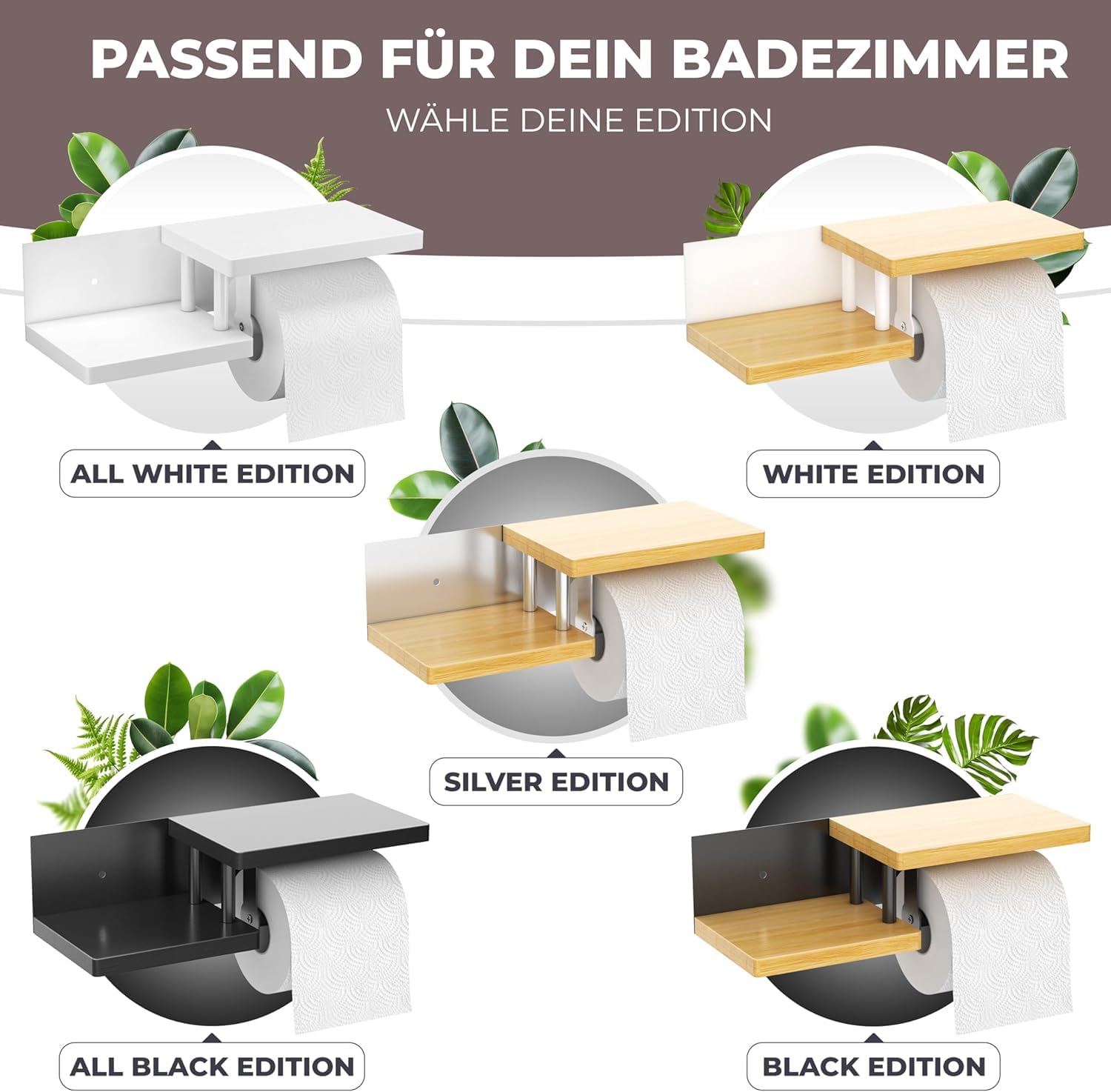 ElbFuchs® Toilettenpapierhalter Holz Bambus [KLEBEN oder Bohren] | hochwertiger Klopapierhalter ohne Bohren mit Ablage | Edelstahl | Klorollenhalter | WC Rollenhalter