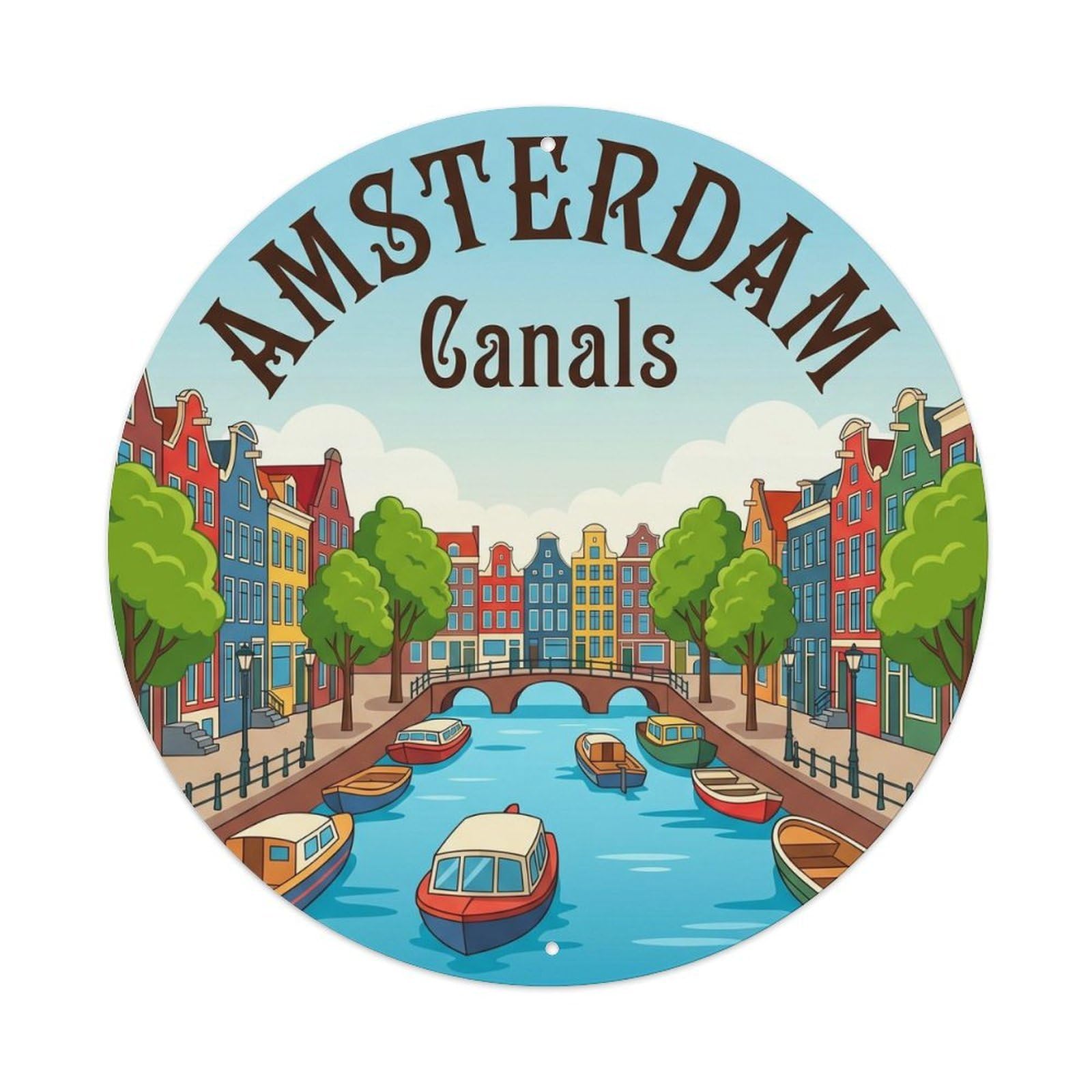 Vintage Travel Amsterdam Canal Architecture Metal Tin Sign Plaque Wall Decor for Cafe, Club Bar, Office, Home Garden Round Metal Poster 8x8Inch