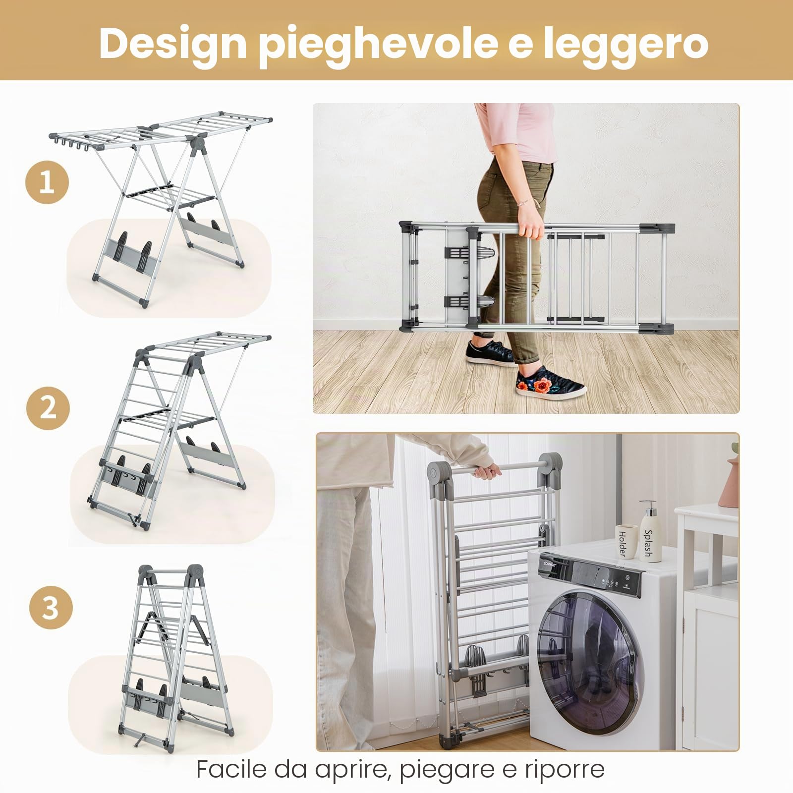 HOMASIS Stendibiancheria Pieghevole, Stendino Allungabile con Ali, Regolabile in Altezza, Stendino Verticale Salvaspazio con 21 Bastoni e 10 Supporti per Calze e 4 Portascarpe da Interni/Esterni
