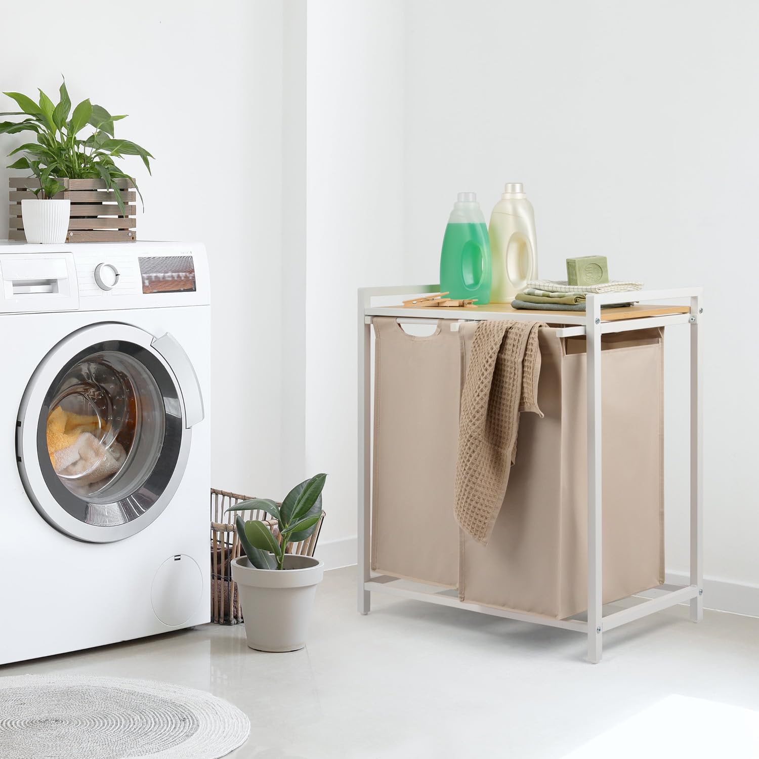 Blumtal cesto biancheria sporca 2 scomparti in grigio per organizzare - cesta portabiancheria 2 scomparti estraibili con ripiano superiore in materiale effetto cemento - struttura in metallo bianco