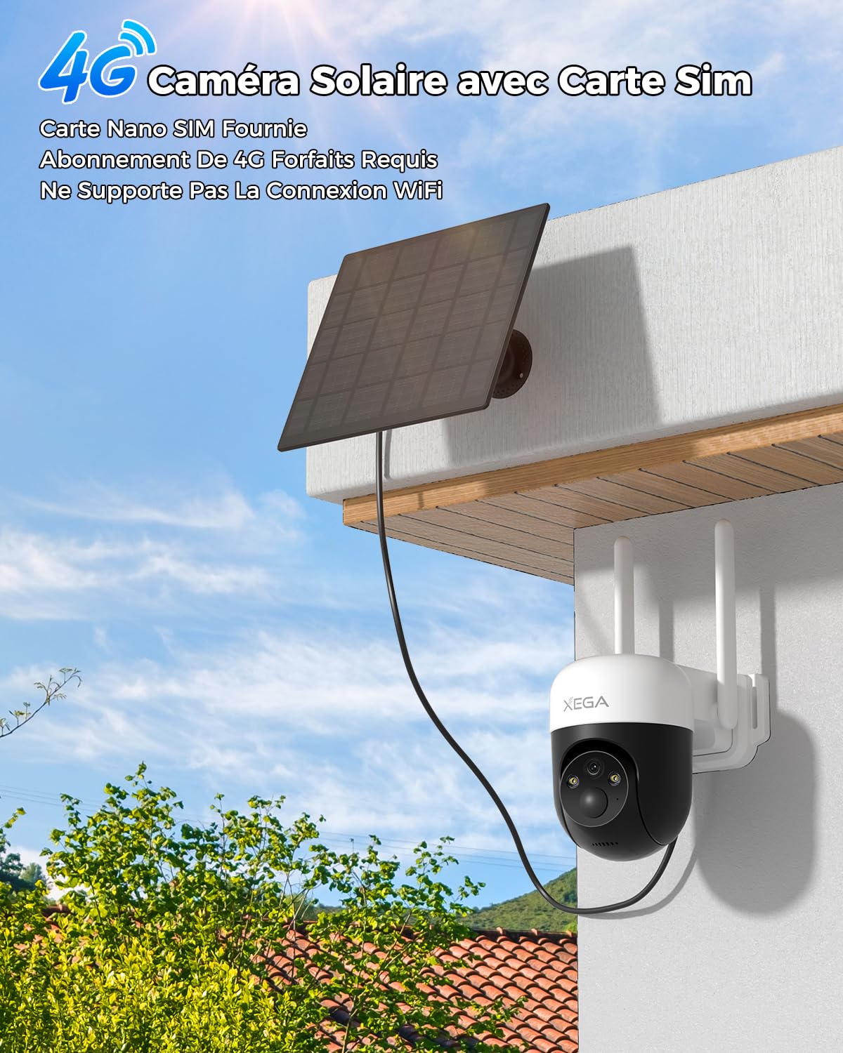 Xega 4G Caméra Solaire Extérieure avec Carte SIM sans WiFi Autonome