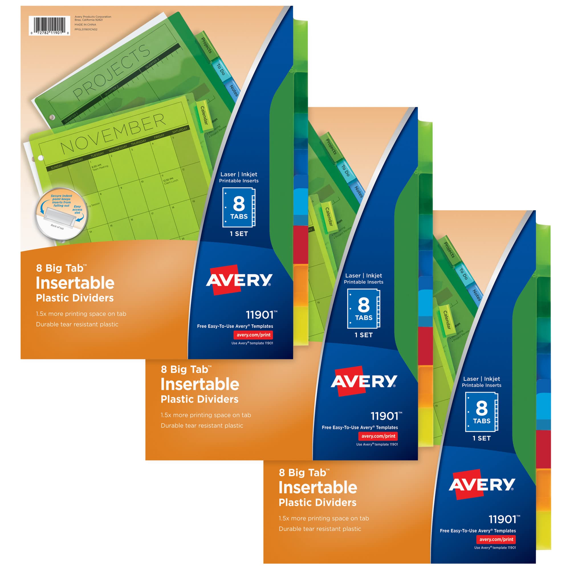 Dividers for 3 Ring Binders, 8-Tab Plastic Binder Dividers, Insertable Big Tabs, Multicolor (3 Sets of 11901)