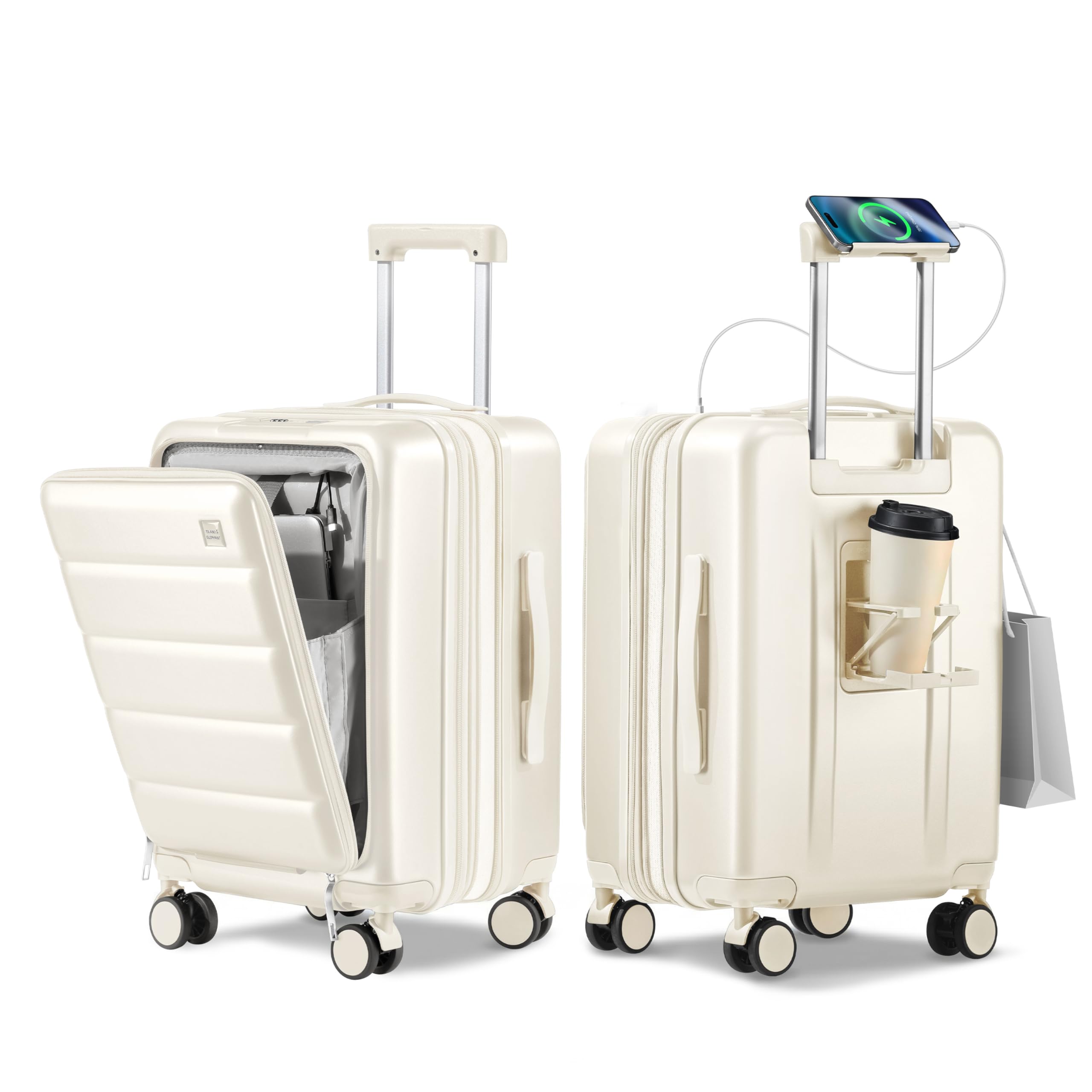 expandable 20inch carry on luggage airline approved - front pocket hardside travel suitcase unbreakable -with cup holder,usb charge,side pothook, 360°spinner wheels, tsa lock-white