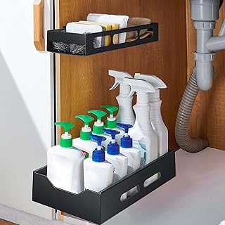 YFjyo Lot de 2 Organisateur d'armoire sous évier, Support de Rangement pour Armoire de Cuisine avec Panier Coulissant, étagère à tiroir Coulissant pour Cuisine, Salle de Bain, Bureau (Noir)