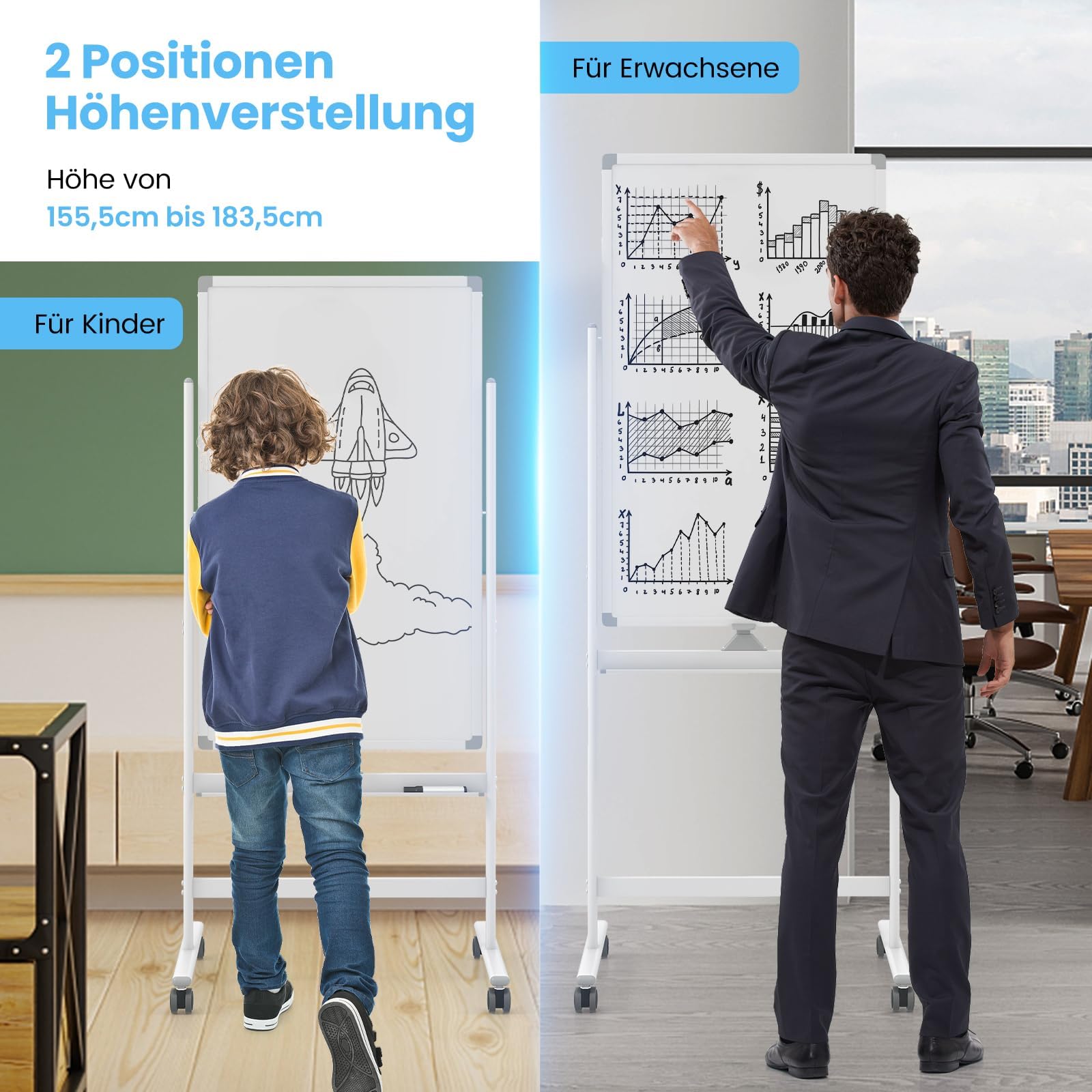 FANTASK Doppelseitiges mobiles Whiteboard, 60 x 100 cm, höhenverstellbares magnetisches Whiteboard mit Rollen, Ständer und Stiftablage, inkl. Zubehör für Schule, Büro, Zuhause (Weiß)