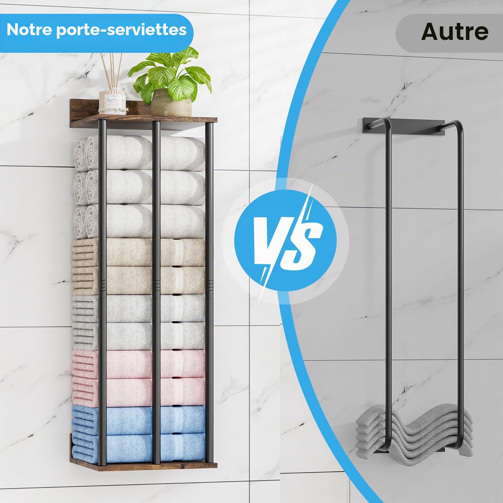 Porte-Serviettes Mural pour Salle de Bain – Support Robuste à Grande Capacité pour Serviettes Roulées et Pliées – Organisateur de Rangement Mural, Déco Salle de Bain (Rustique)
