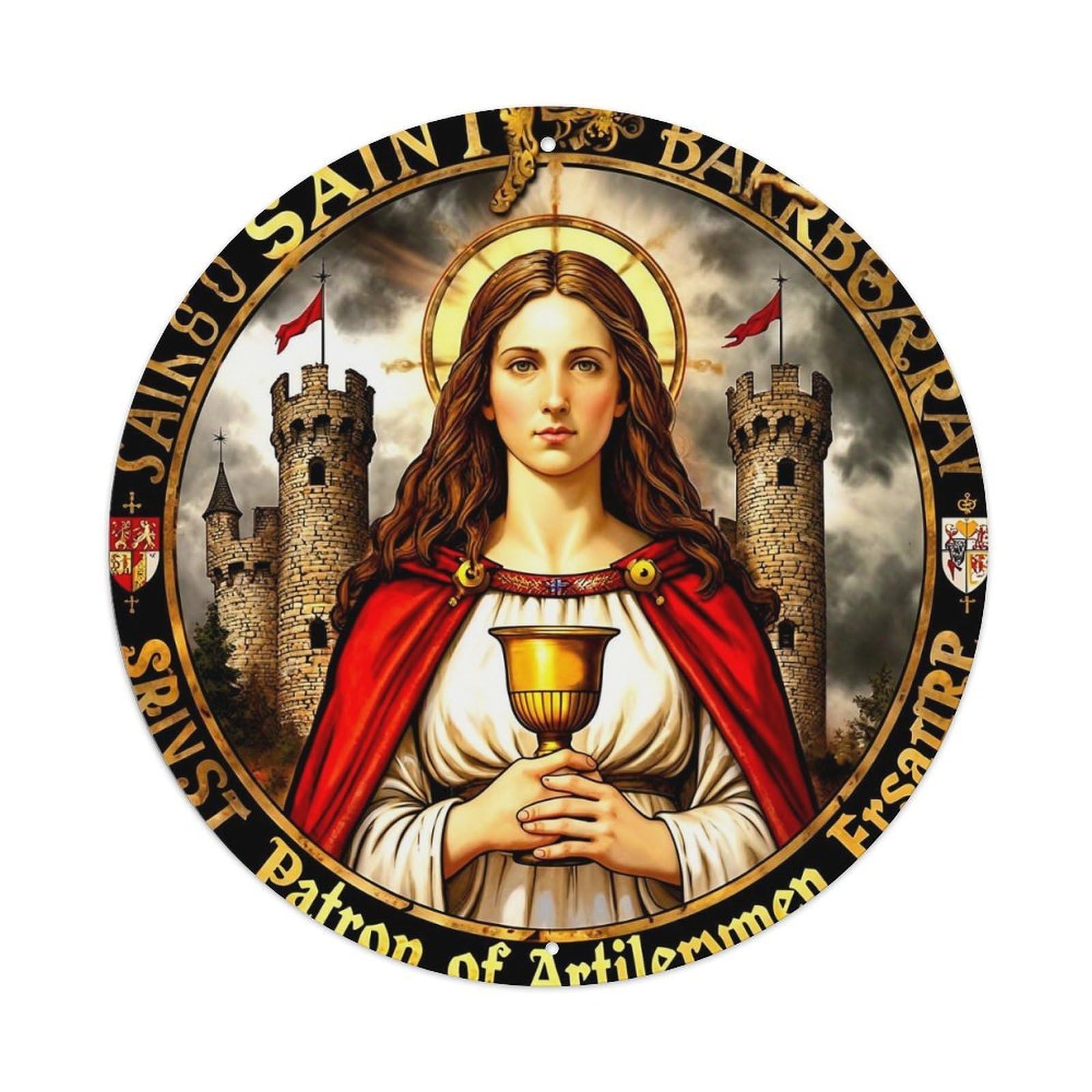 Saint Barbara Holding Chalice Castle Background Vintage Round Tin Sign Retro Metal Wall Decor Metal Poster, Home Bar Garage Cafe Wall Art Decoration 8x8Inches