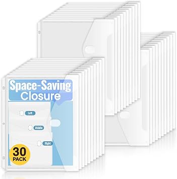 Sooez 30 Pack Binder Folders with Staggered Closures, High Capacity Binder Pockets, Clear Plastic folders, Side Loading, Binder Organizer, Binder Dividers with Pockets, Letter Size
