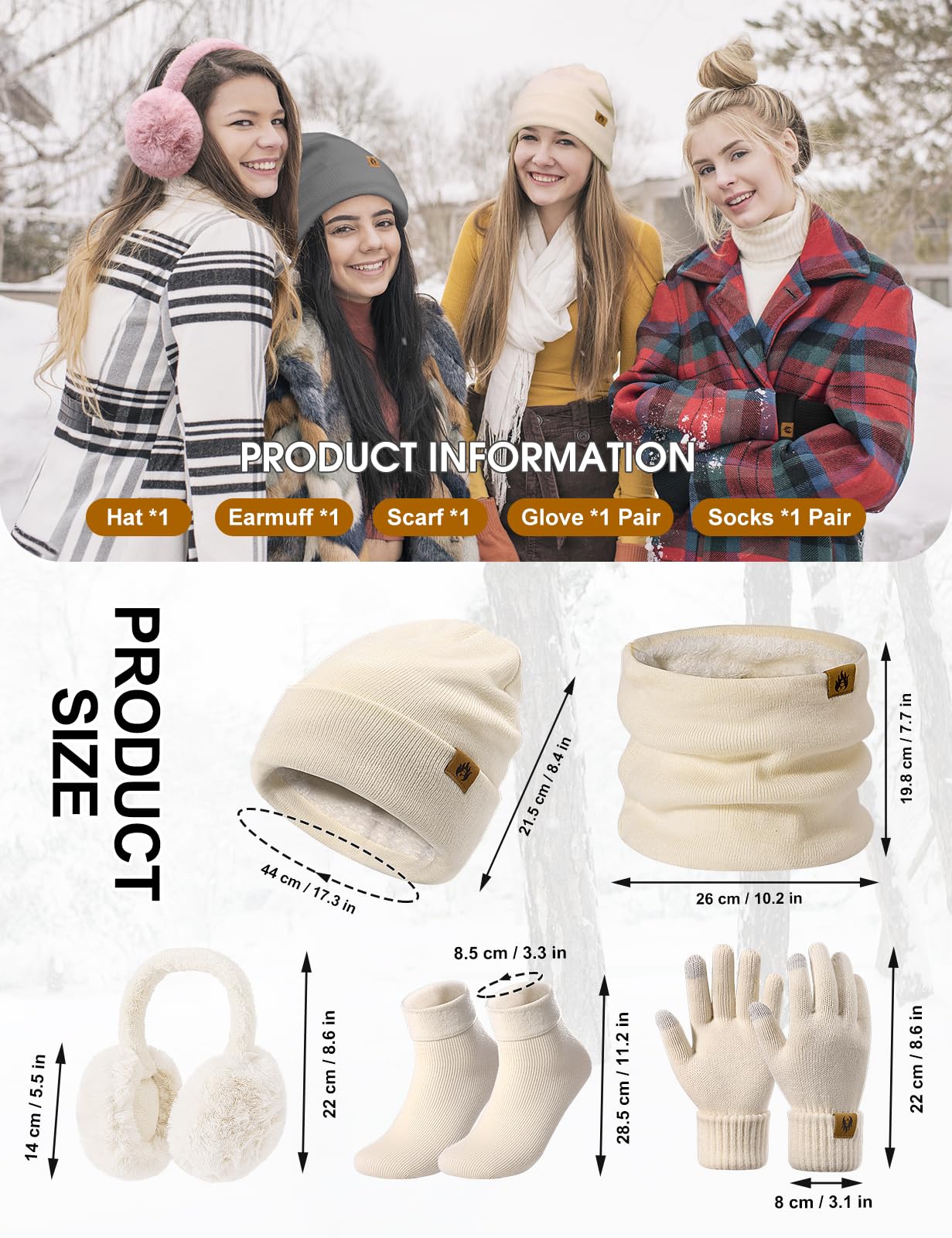 5pcs Ensemble Hiver Femme 5 en 1 Bonnet Echarpe Gant Tricoté Chaud Écharpe de Doublure Polaire Gants d'écran Cache-Oreilles Chaussettes Thermiques Pour Ski Sports Extérieur
