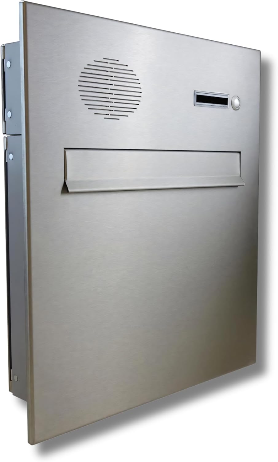 Briefkasten mit Klingel und Briefkasten Sprechanlage 2025 17 LETTERBOX24 Edelstahl Zaunbriefkasten mit Klingel & Sprechsieb A-04