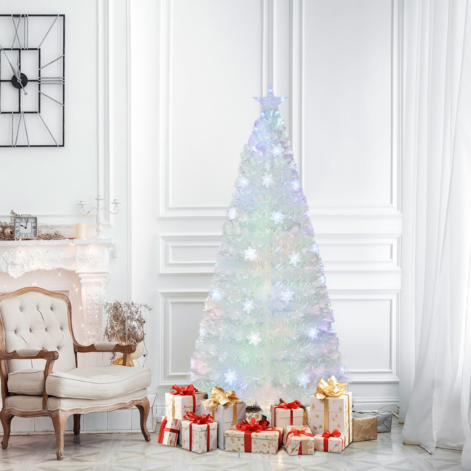 COSTWAY 180cm Árbol de Navidad Blanco, Hojas Iridiscentes, Árbol de Navidad de Fibra Óptica Preiluminado, 30 Luces LED de Copos de Nieve, Estrella, Arvore de Natal Oficina y Hogar(180cm)