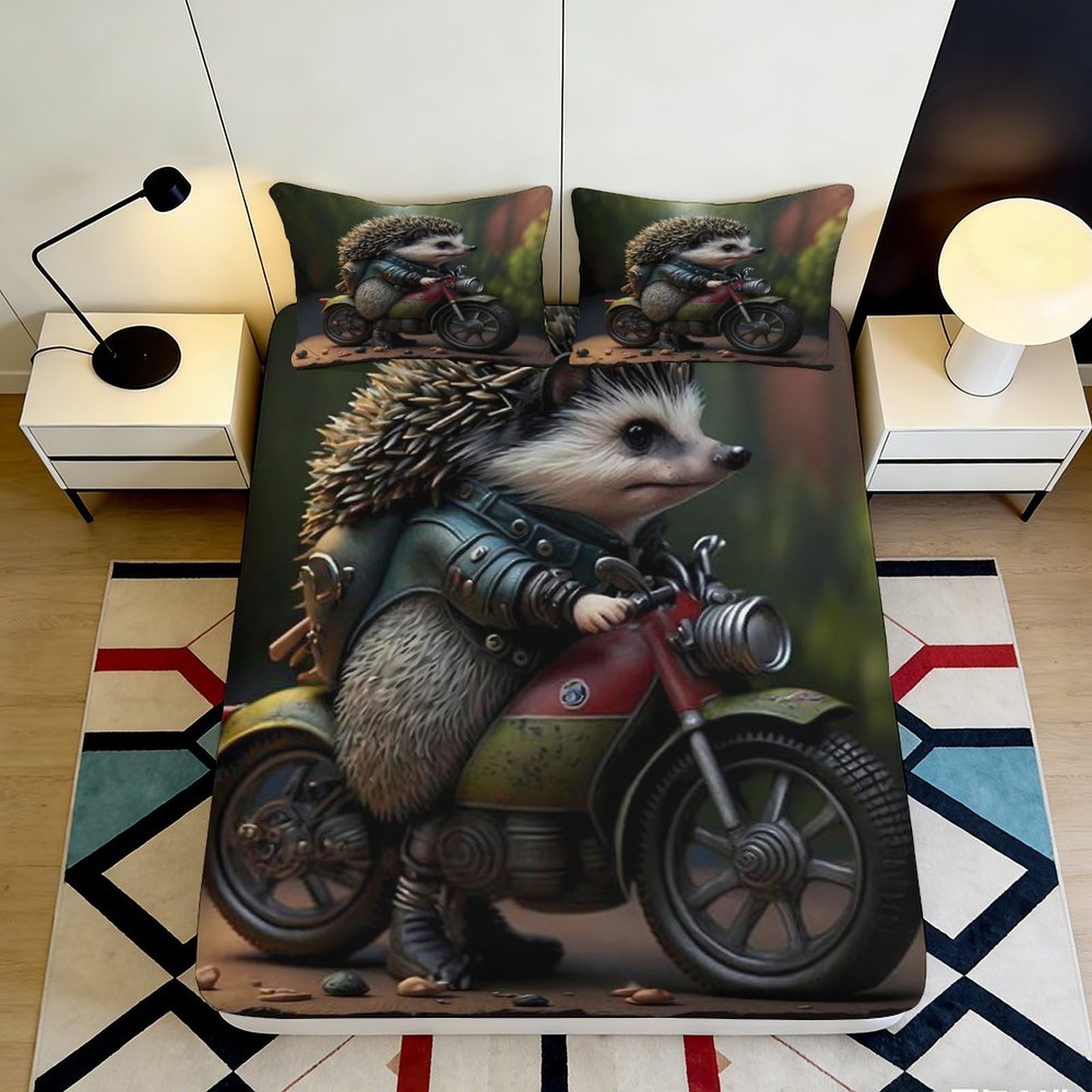 Uynsixtme Style-6 3D Printed Hedgehog Motorcycle Fitted Sheet Microfiber Deep Pocket Bedroom Bedding Full Wrap Hedgehog Mattress Fitted Cover For Home 200X200x25cm