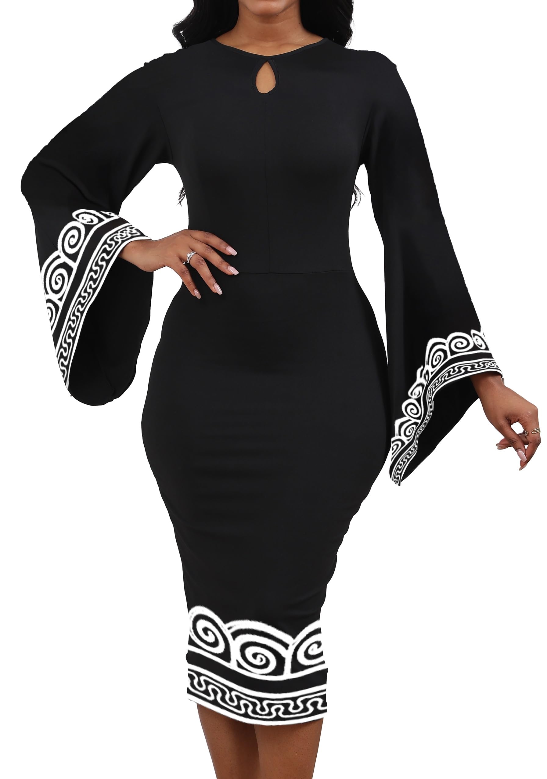 Oxgmoky Womens African Print Dress Work Business Bodycon Long Sleeve Round Neck Pencil Dresses