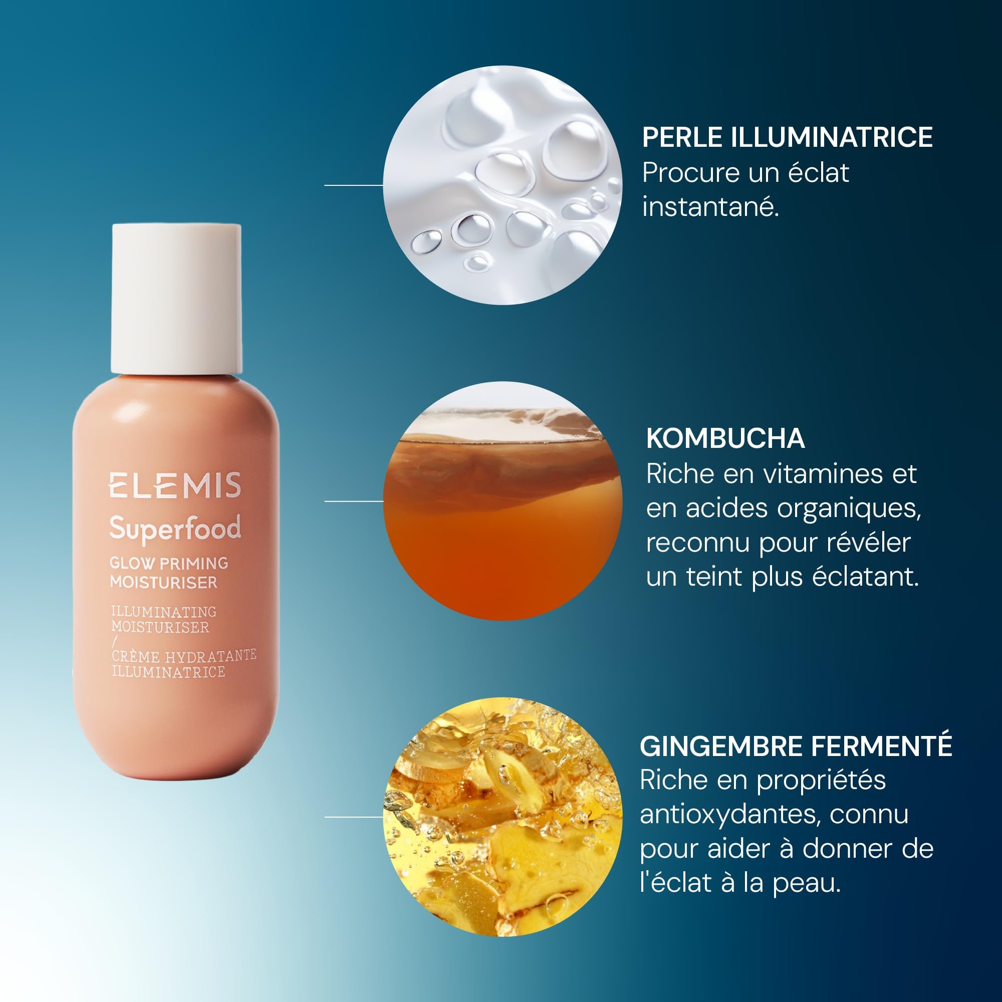 ELEMIS Crème hydratante à base de superaliments, crème légère pour le visage pour une peau lisse et radieuse, infusée de prébiotiques pour amorcer et hydrater, crème hydratante kombucha - 60 ml