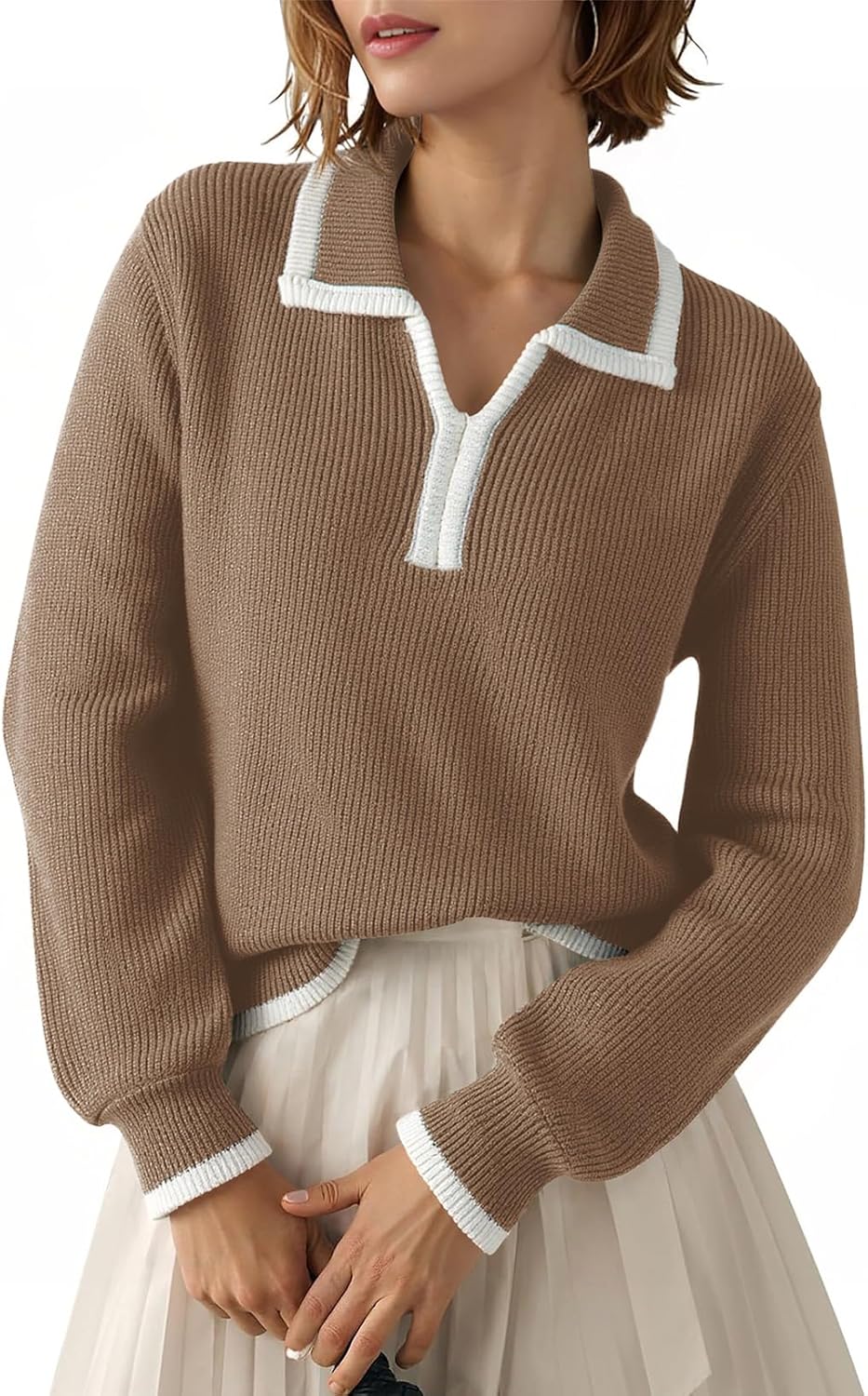 (( different color to the file photo)) Dokotoo Sweaters for Women Fashion Long Sleeve Lapel Collar V Neck Casual Knit Color Block Pullover Sweater Jumpers Tops Medium Black