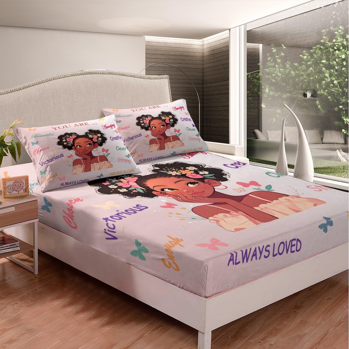 African American Black Princess Fitted Sheet Twin Size, Black Girls Magical Bed Sheets for Kids Kawaii Bedroom Decor, No Flat Sheet