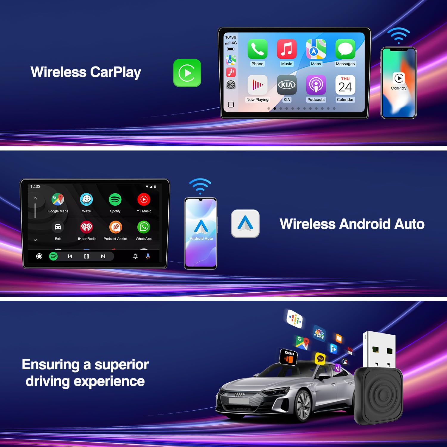 Carlinkit Bezprzewodowy Adapter USB Mini Ultra dla Przewodowego CarPlay i Android Auto - Plug & Play