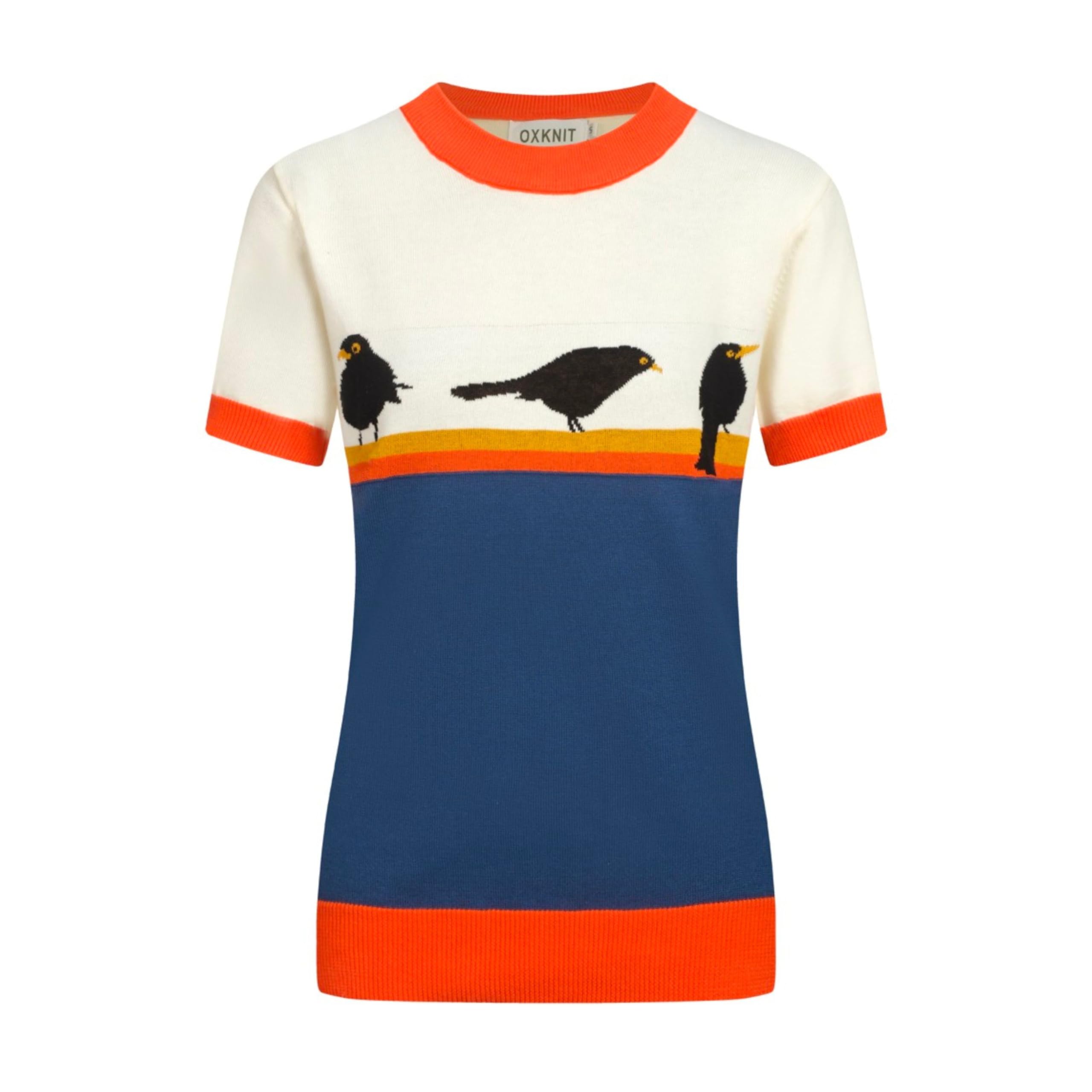 OXKNIT Camiseta de manga corta para mujer, color a juego, diseño de pájaro dulce a rayas de punto de algodón
