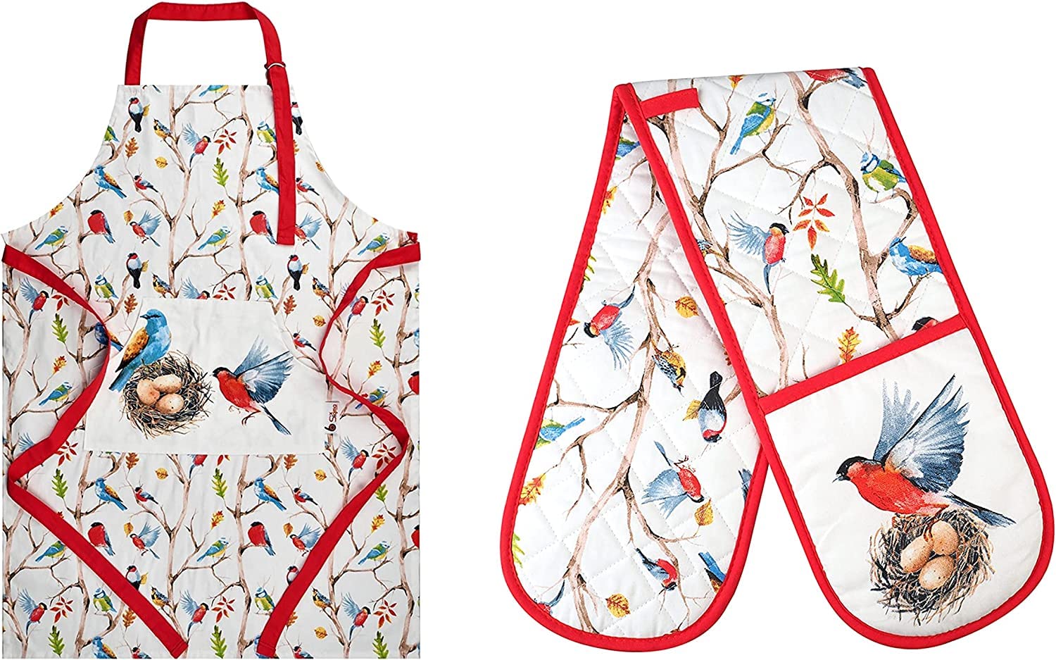 Unisex Chefs Apron Double Oven Gloves Set Kitchen Cooks BBQ 100% Cotton Adult Men’s Women Novelty Grandma/Wife/Girlfriend - Birthday/Christmas/Wedding Anniversary/Gift Set Idea (Spring Bird)