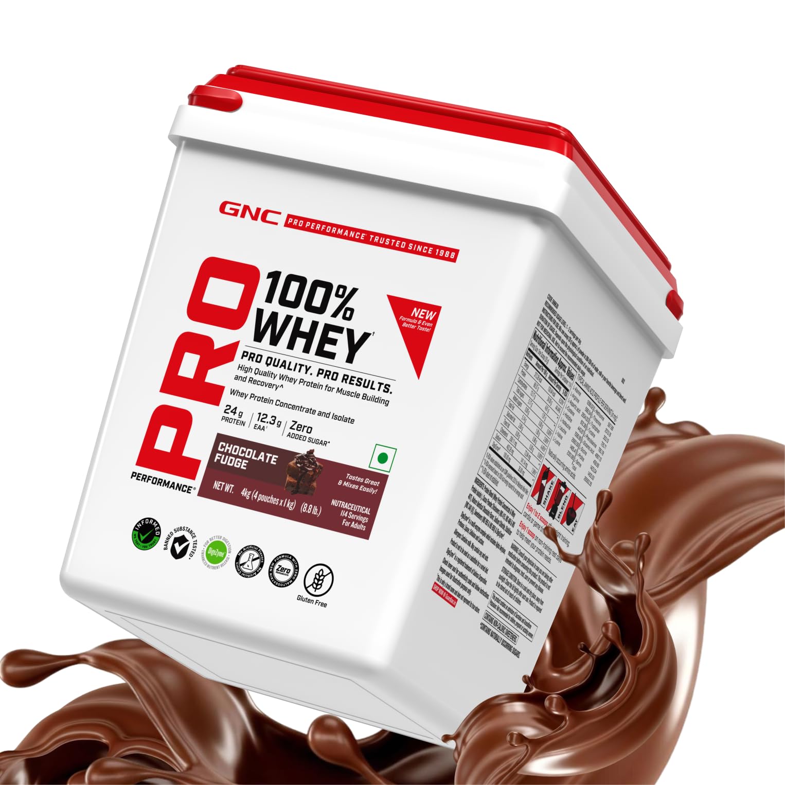 GNC Pro Performance 100% Whey Protein | New Formulation | 24g Protein, 5.7g BCAAs, 12.3g EAAs | Added DigeZyme® | Whey Isolate & Concentrate Blend, Low Carb (4.51g), No Added Sugar | Chocolate Fudge, 4kg