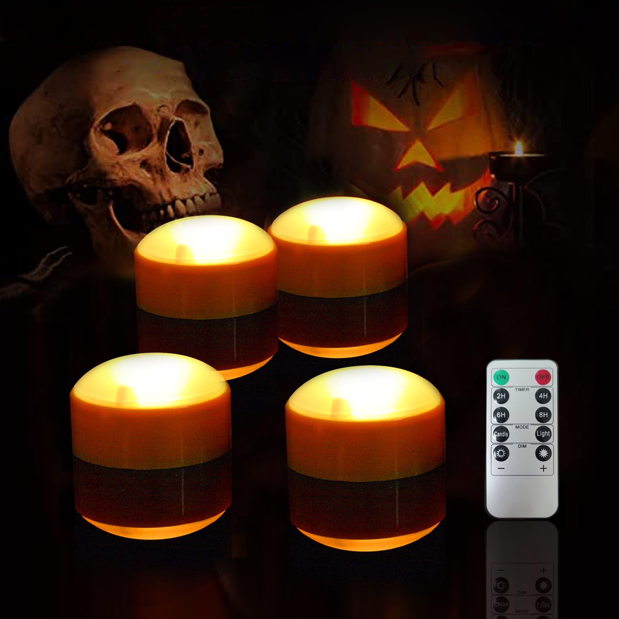 Battery Operated Halloween Jack-O-Lantern LED Pumpkin Light with Remote and Timer, Realistic Plastic Bright Flickering Electric Flameless Candle for Party Decor Holiday Decoration Orange Color 4 Pack